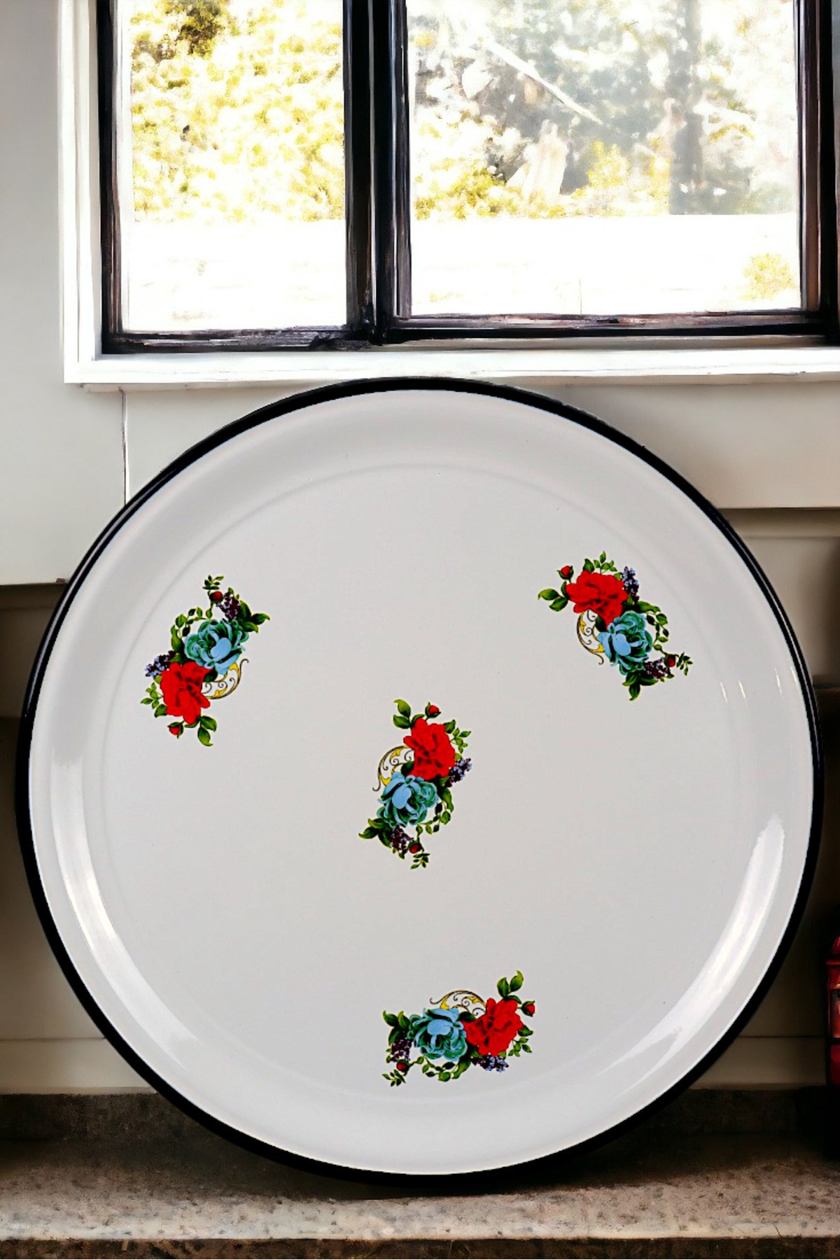 50 No Emaye Sini Sofra, Yemek Sunum Tepsi, Yer Sofrası Çinko ~48 Cm