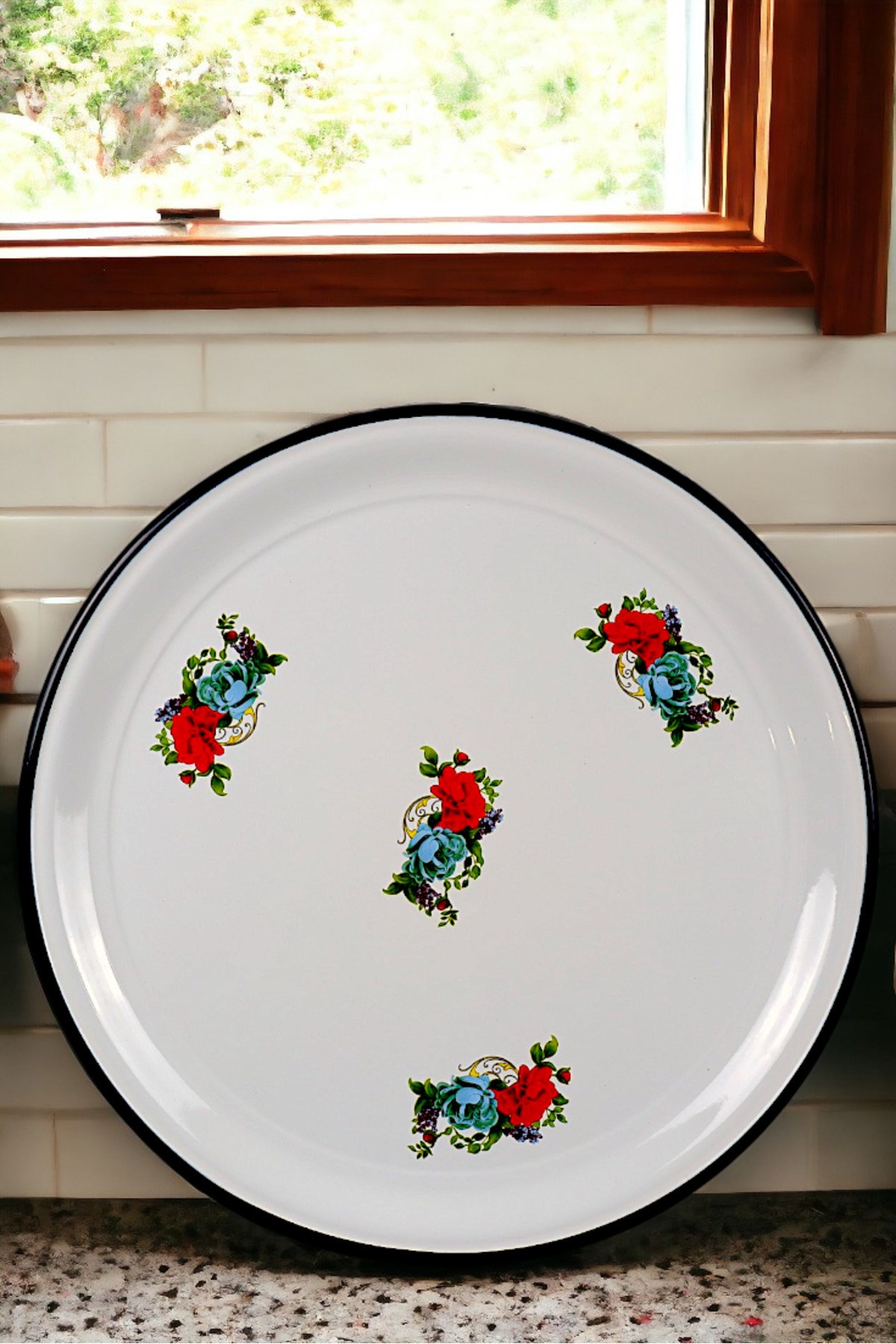 50 No Emaye Sini Sofra, Yemek Sunum Tepsi, Yer Sofrası Çinko ~48 Cm