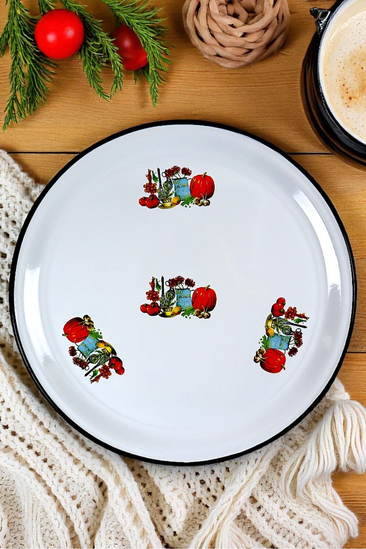 50 No Emaye Sini Sofra, Yemek Sunum Tepsi, Yer Sofrası Çinko ~48 Cm