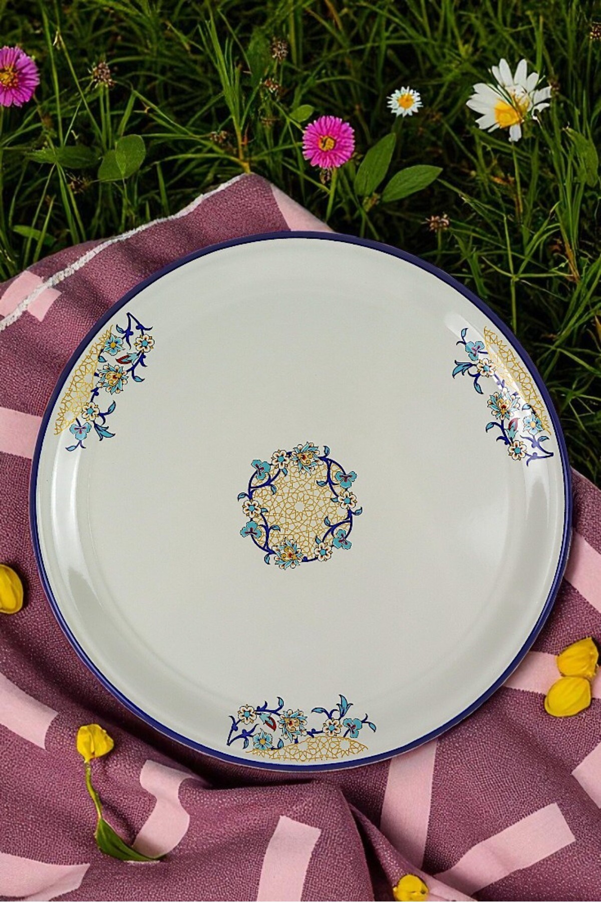 50 No Emaye Sini Sofra, Yemek Sunum Tepsi, Yer Sofrası Çinko ~48 Cm
