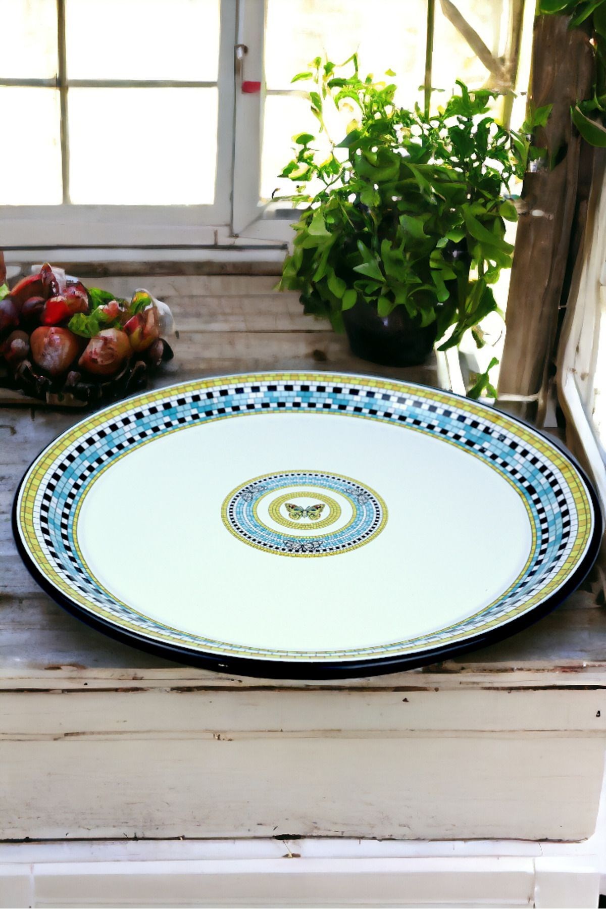 50 No Emaye Sini Sofra, Yemek Sunum Tepsi, Yer Sofrası Çinko ~48 Cm