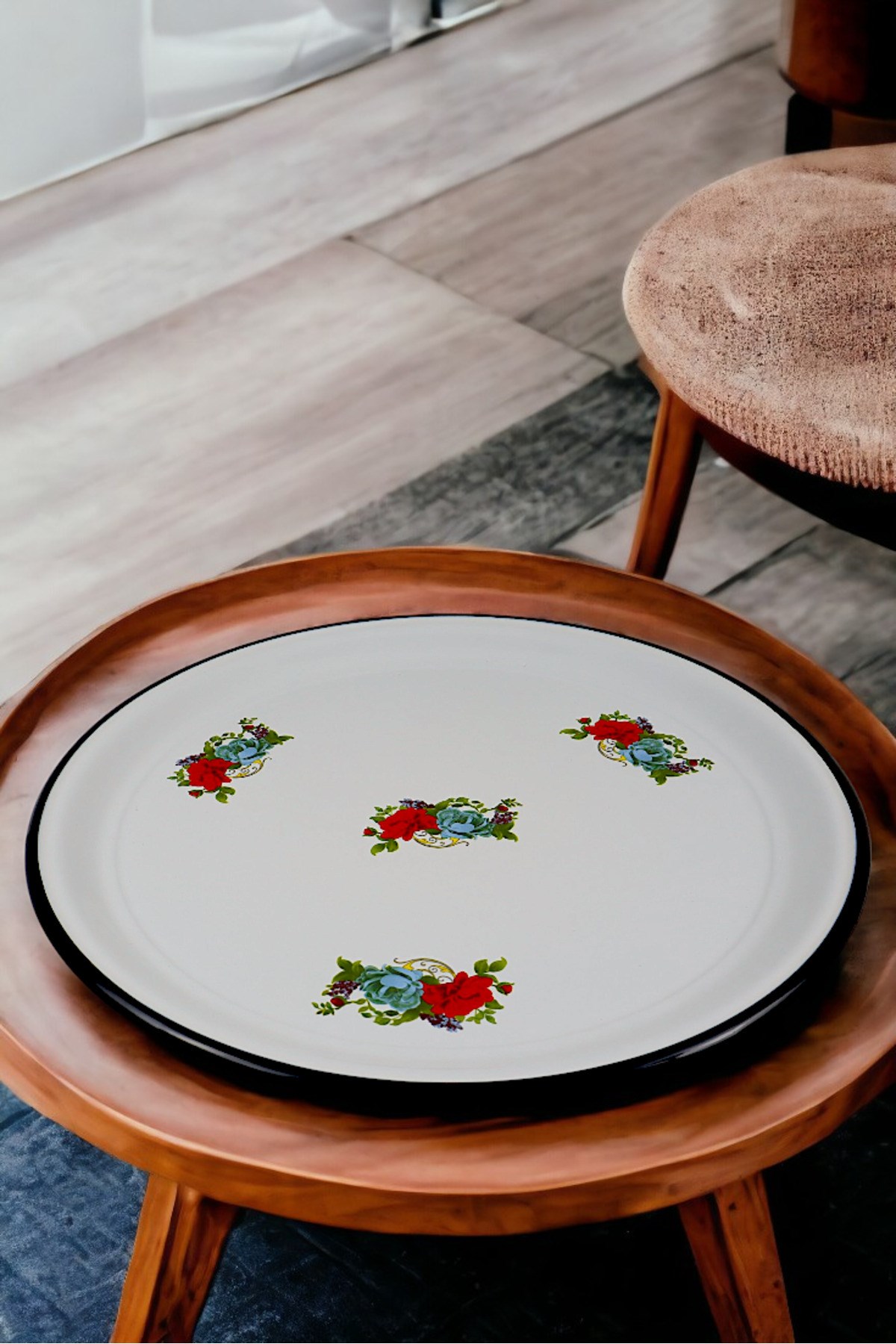 50 No Emaye Sini Sofra, Yemek Sunum Tepsi, Yer Sofrası Çinko ~48 Cm