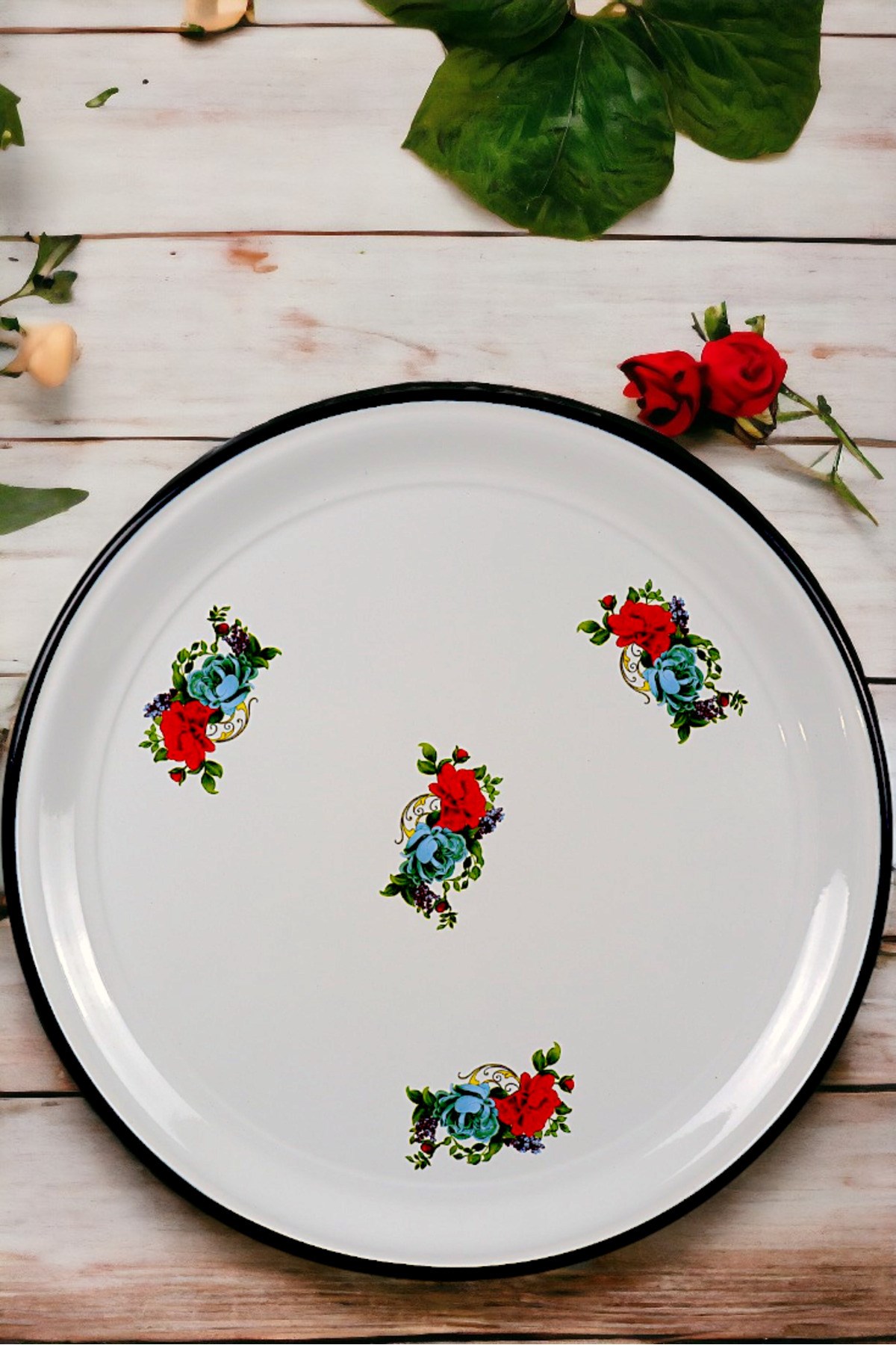 50 No Emaye Sini Sofra, Yemek Sunum Tepsi, Yer Sofrası Çinko ~48 Cm