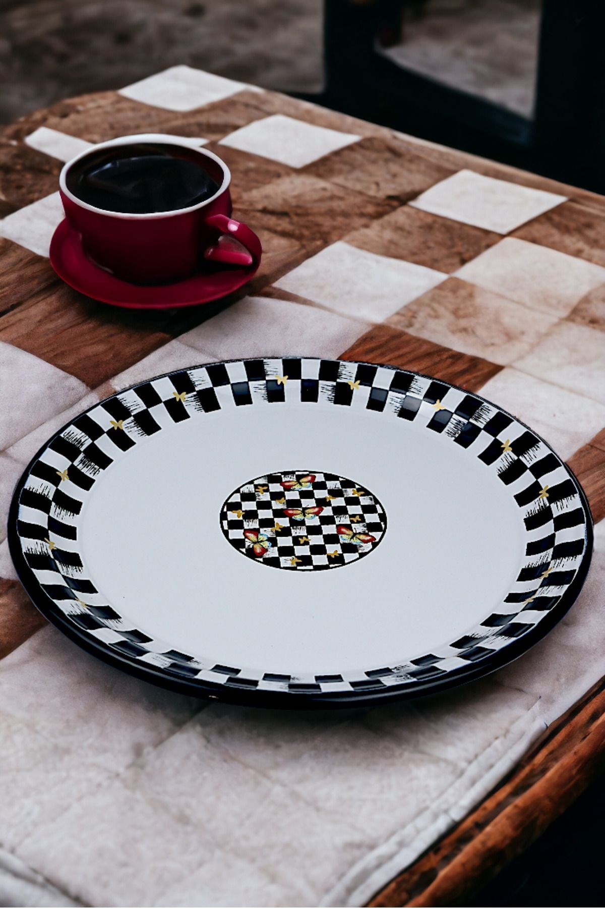 50 No Emaye Sini Sofra, Yemek Sunum Tepsi, Yer Sofrası Çinko ~48 Cm