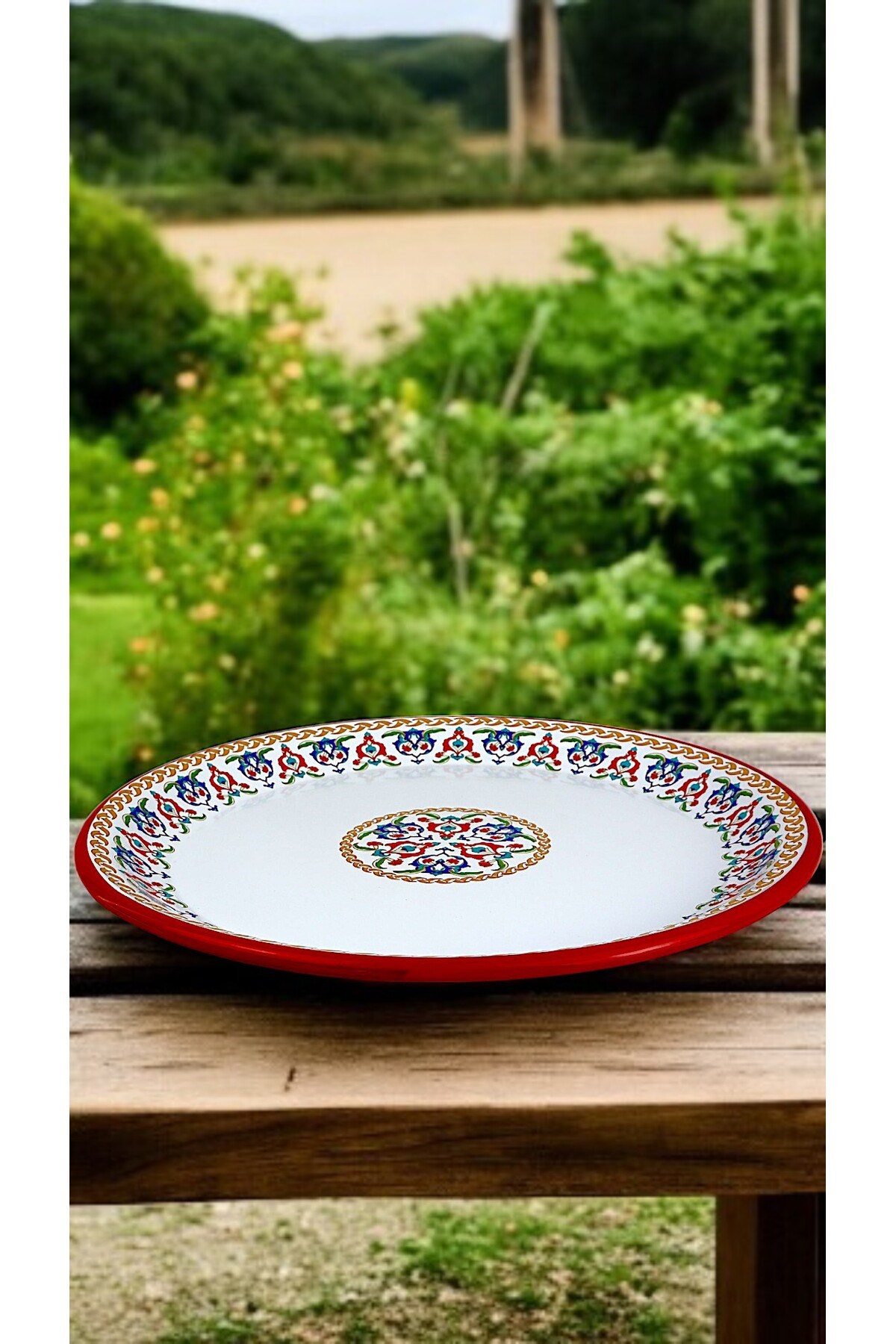 50 No kırmızı kenar Emaye Sini Sofra, Yemek Sunum Tepsi, Yer Sofrası Çinko ~48 Cm 1mm.KALIN ÜRÜN
