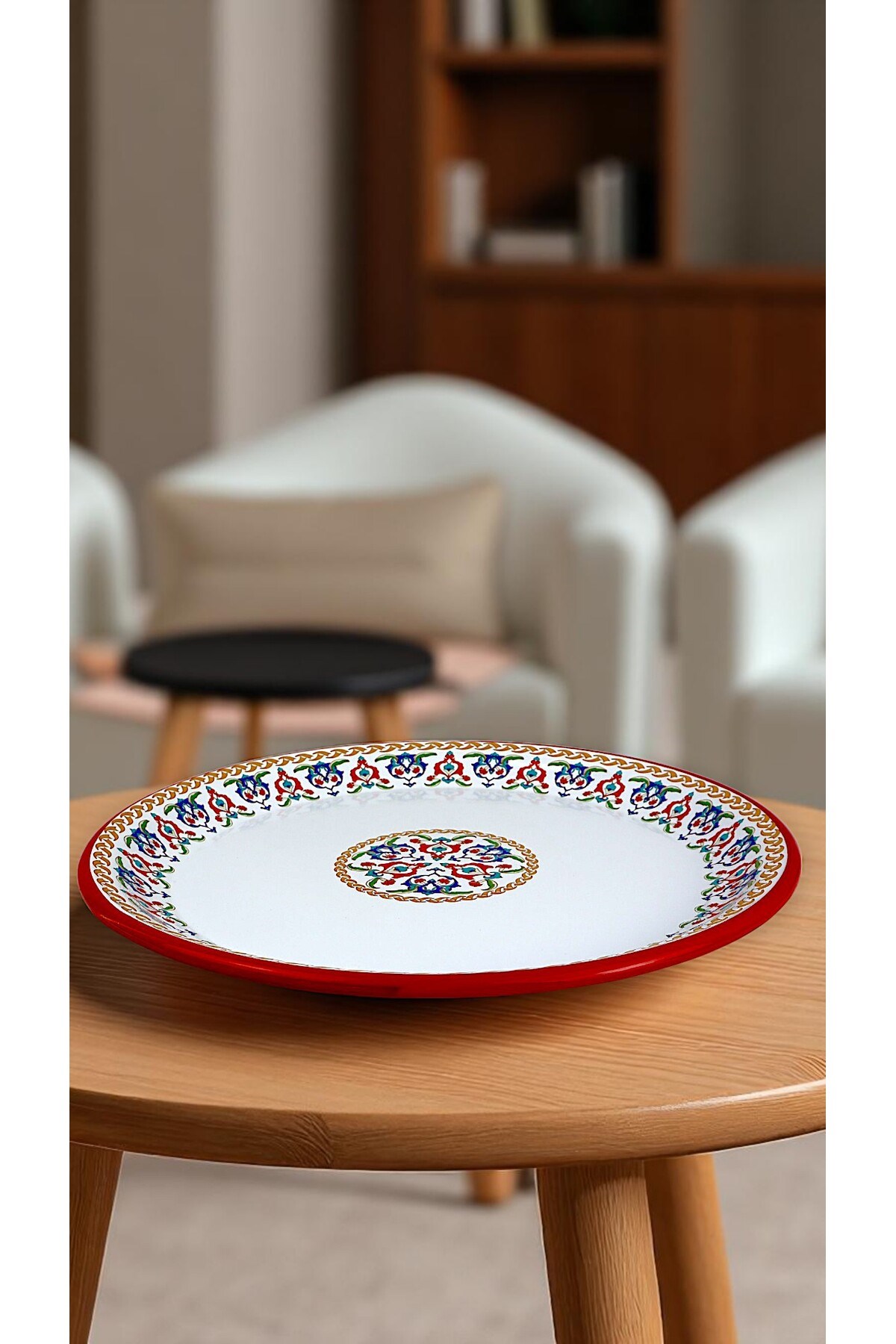 50 No kırmızı kenar Emaye Sini Sofra, Yemek Sunum Tepsi, Yer Sofrası Çinko ~48 Cm 1mm.KALIN ÜRÜN
