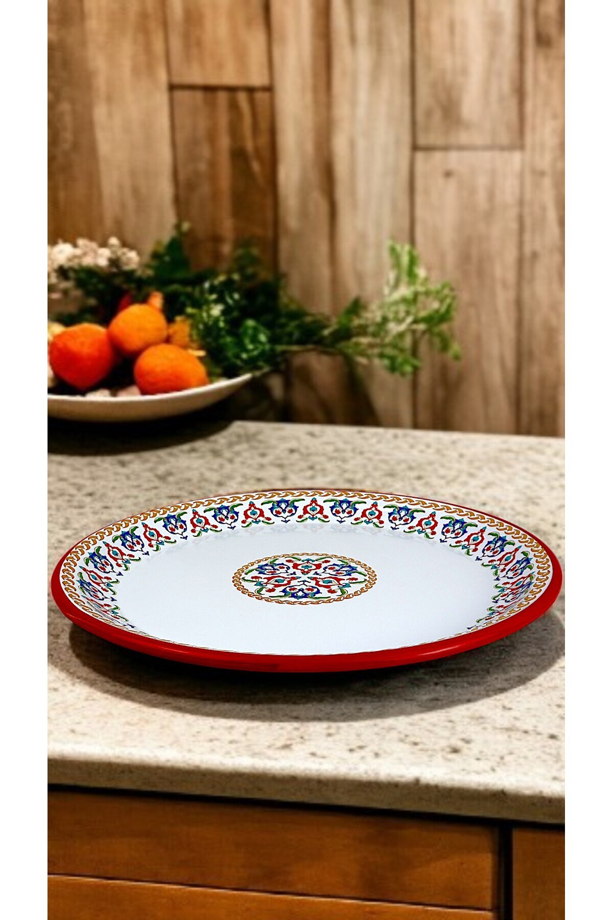 50 No kırmızı kenar Emaye Sini Sofra, Yemek Sunum Tepsi, Yer Sofrası Çinko ~48 Cm 1mm.KALIN ÜRÜN