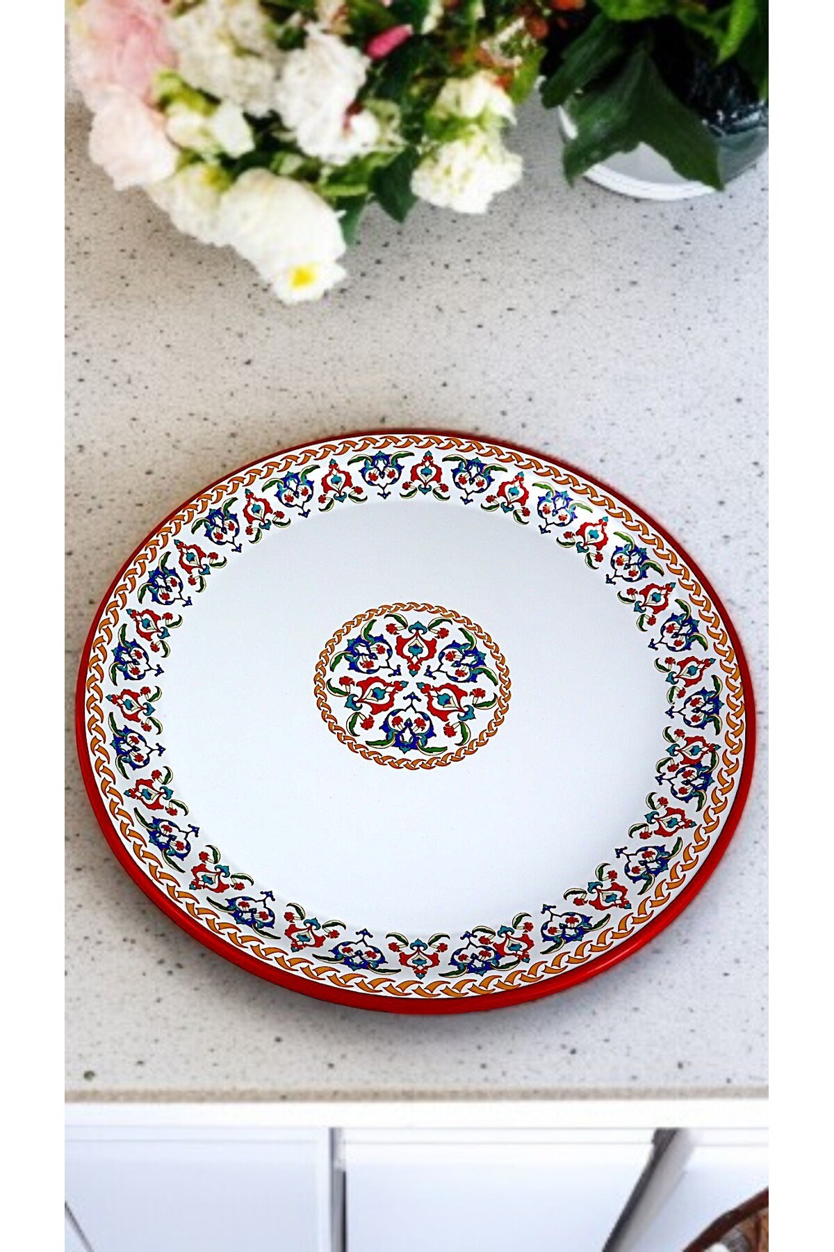 50 No kırmızı kenar Emaye Sini Sofra, Yemek Sunum Tepsi, Yer Sofrası Çinko ~48 Cm 1mm.KALIN ÜRÜN