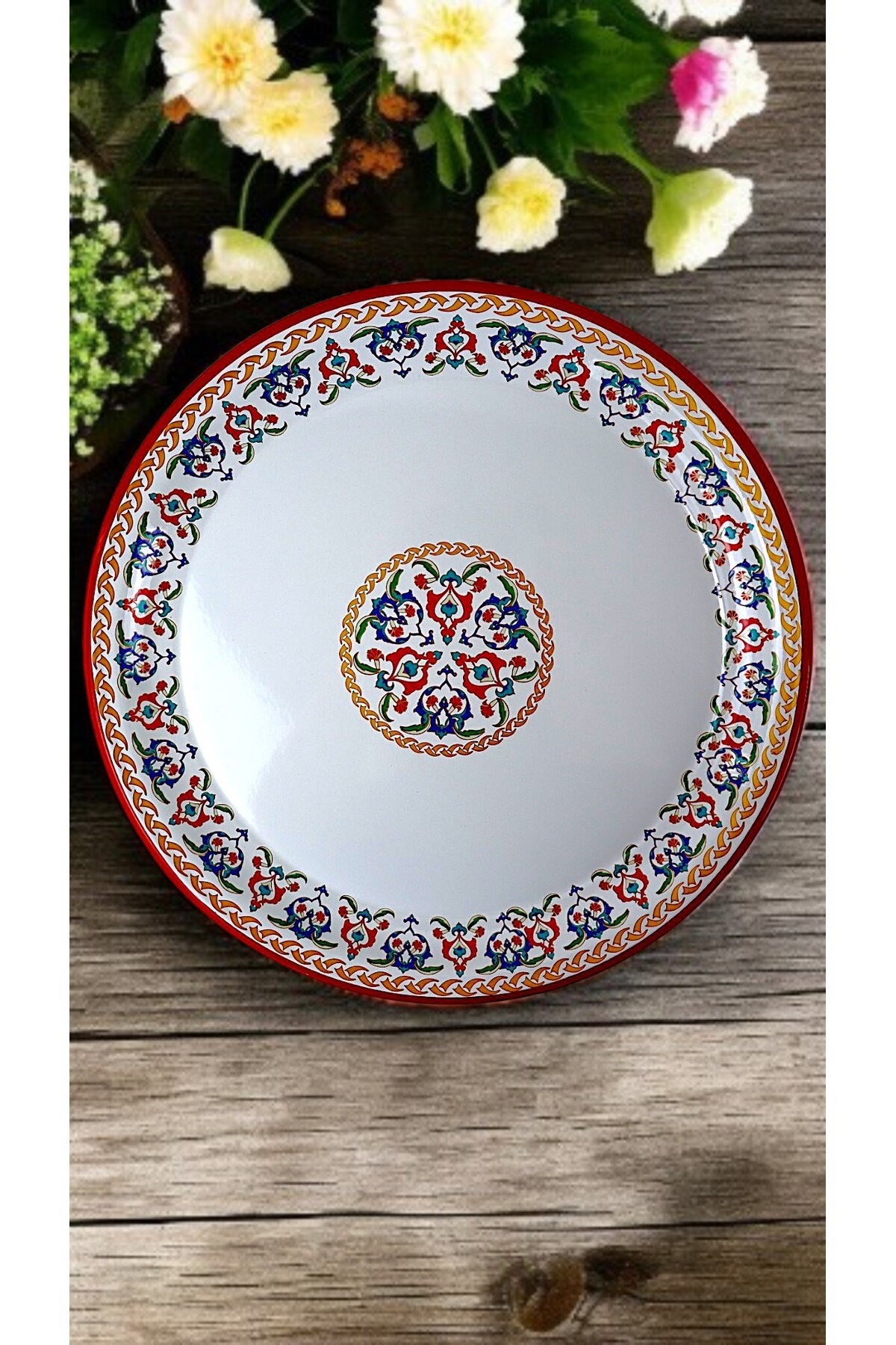 50 No kırmızı kenar Emaye Sini Sofra, Yemek Sunum Tepsi, Yer Sofrası Çinko ~48 Cm 1mm.KALIN ÜRÜN