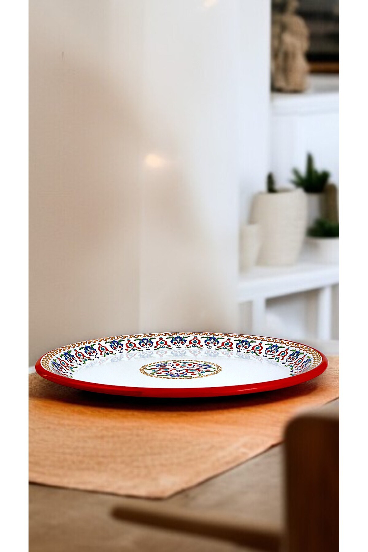 50 No kırmızı kenar Emaye Sini Sofra, Yemek Sunum Tepsi, Yer Sofrası Çinko ~48 Cm 1mm.KALIN ÜRÜN