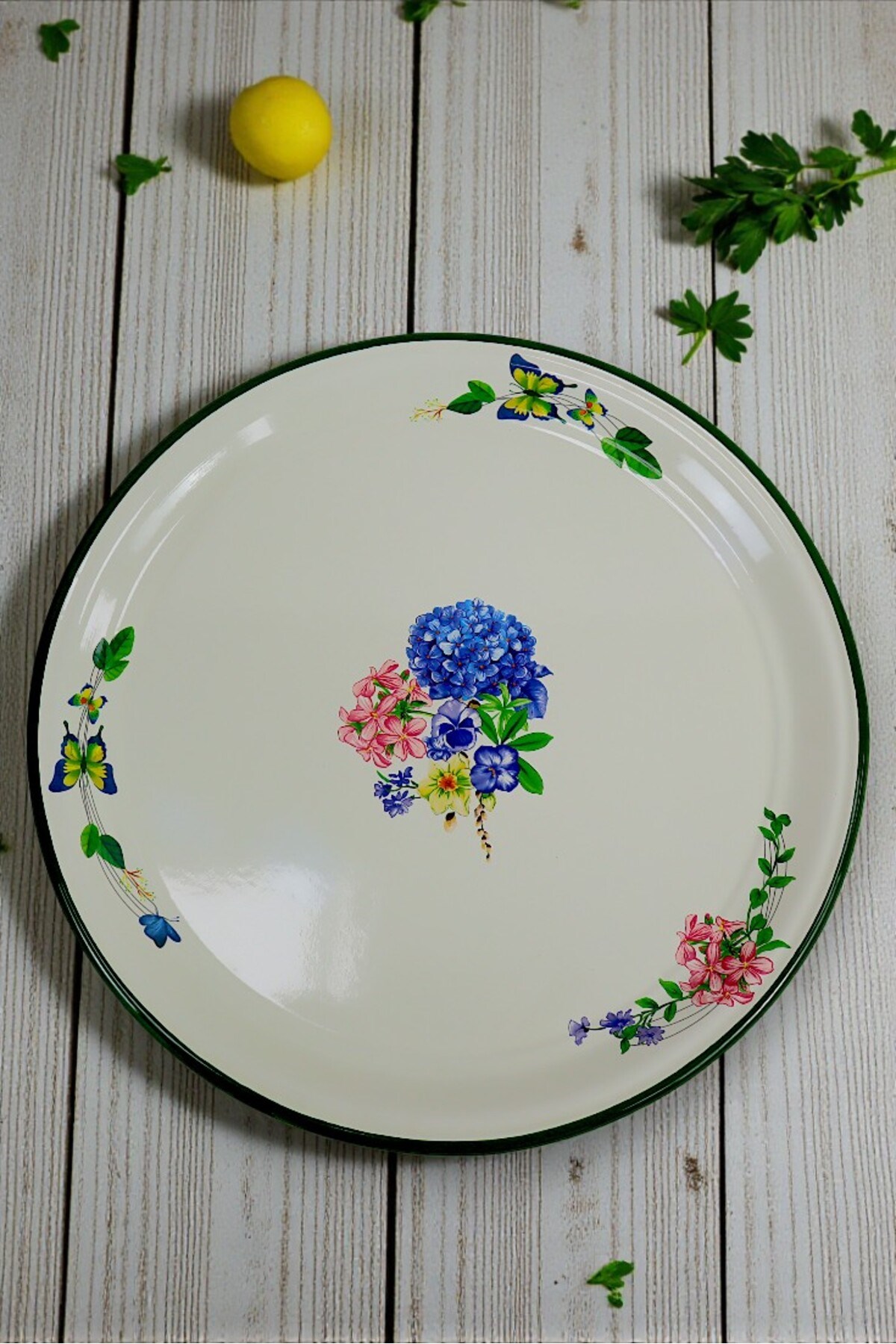 50 No Krem Emaye Sini Sofra, Yemek Sunum Tepsi, Yer Sofrası Çinko ~48 Cm