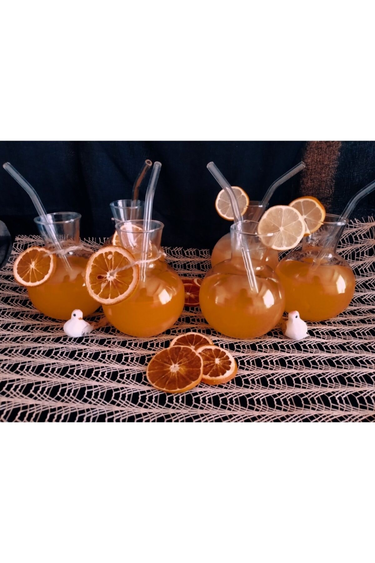 6 Adet Karaf Tombul Bardak 6 Adet Cam Eğimli Pipet