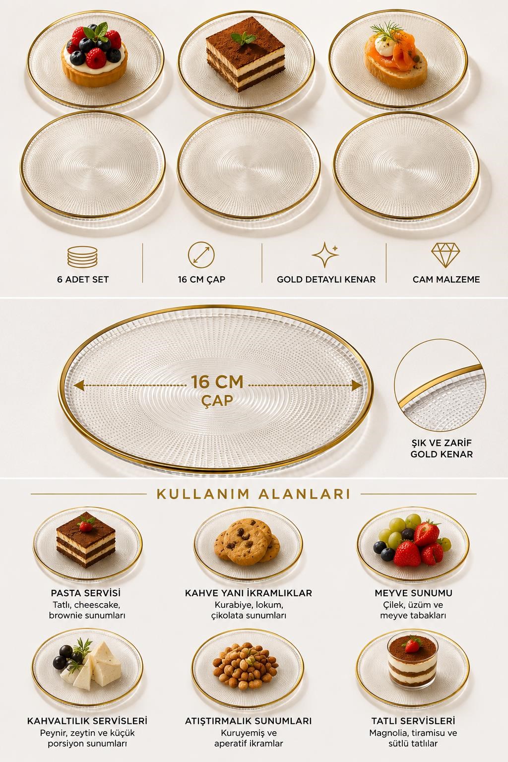 6' lı Cam Kek Pasta Tabağı Seti - Yaldızlı Lüks Pasta Takımı(16CM)