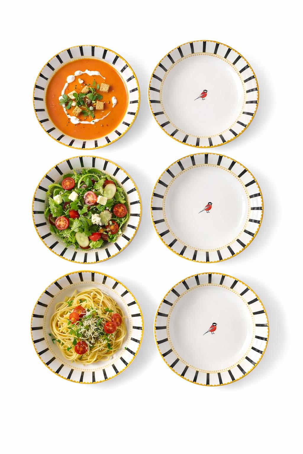 6’lı Çukur Tabak Seti – Siyah Şeritli Kuş Desenli Şık Yemek Tabağı & Modern Sofra Sunum Tabağı 19 cm