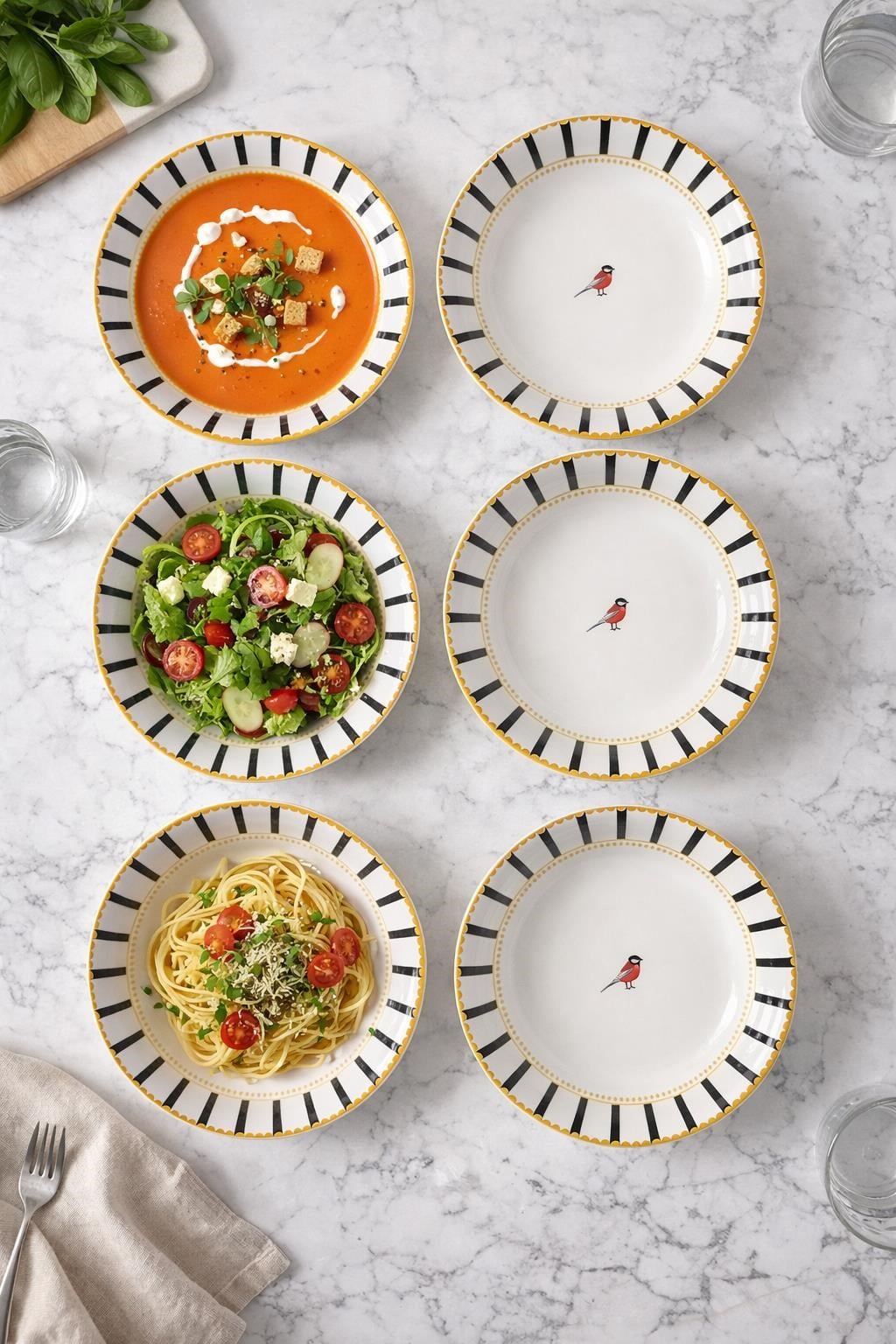 6’lı Çukur Tabak Seti – Siyah Şeritli Kuş Desenli Şık Yemek Tabağı & Modern Sofra Sunum Tabağı 19 cm