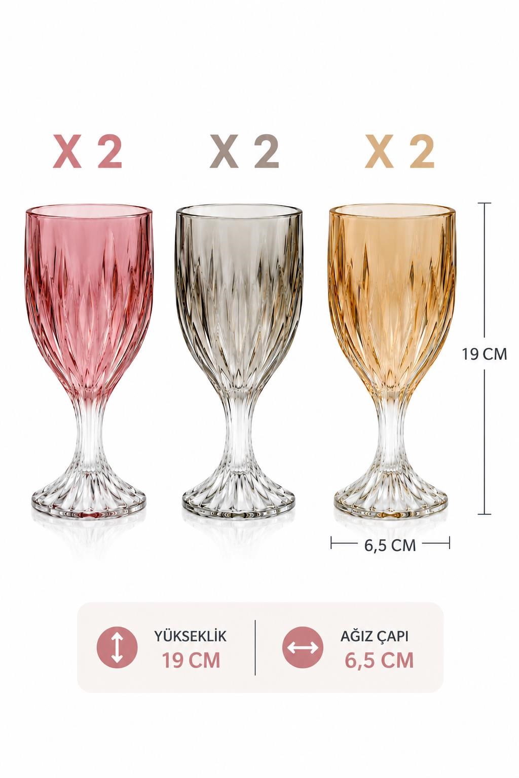 6’lı Renkli Kristal Desenli Cam Kadeh Seti Kahve Yanı Bardağı 19 cm Vintage Su Meşrubat Bardağı