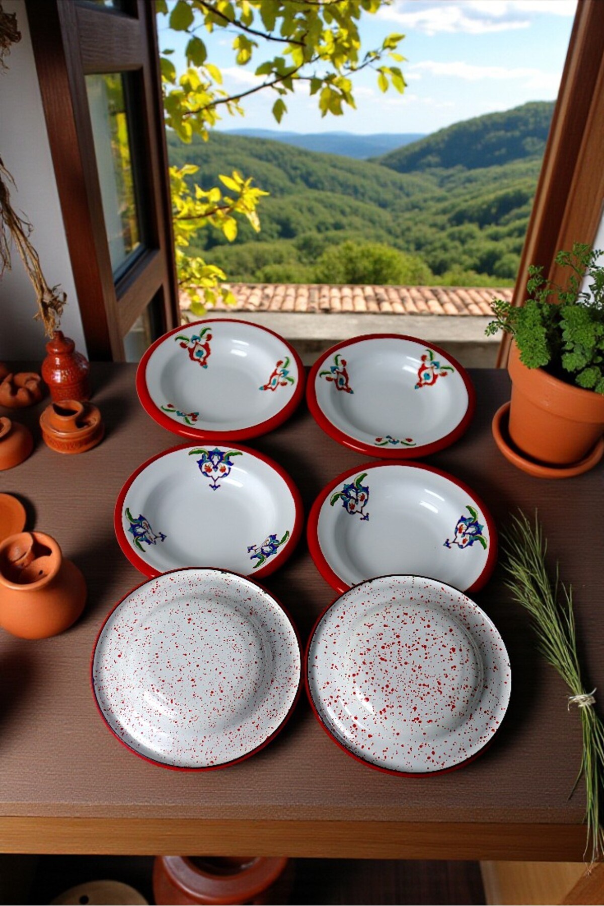 6 Parça 14Cm Emaye Tabak Set ,Kahvaltı Tabağı,Reçellik, Zeytin, Peynir Tabağı, Çeyiz