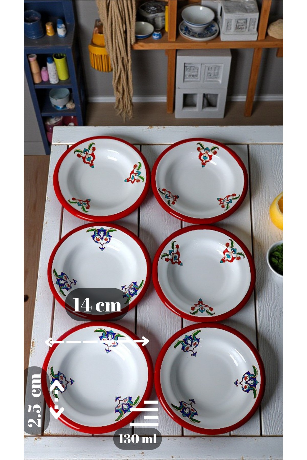 6 Parça 14Cm Emaye Tabak Set ,Kahvaltı Tabağı,Reçellik, Zeytin, Peynir Tabağı, Çeyiz