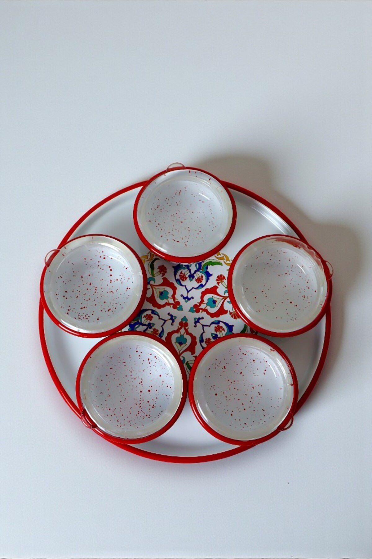 6 Parça Orta Boy,kapaklı,Desenli Emaye Kahvaltı Seti,Sunum,Kahvaltı Tabağı, Reçellik,Zeytin