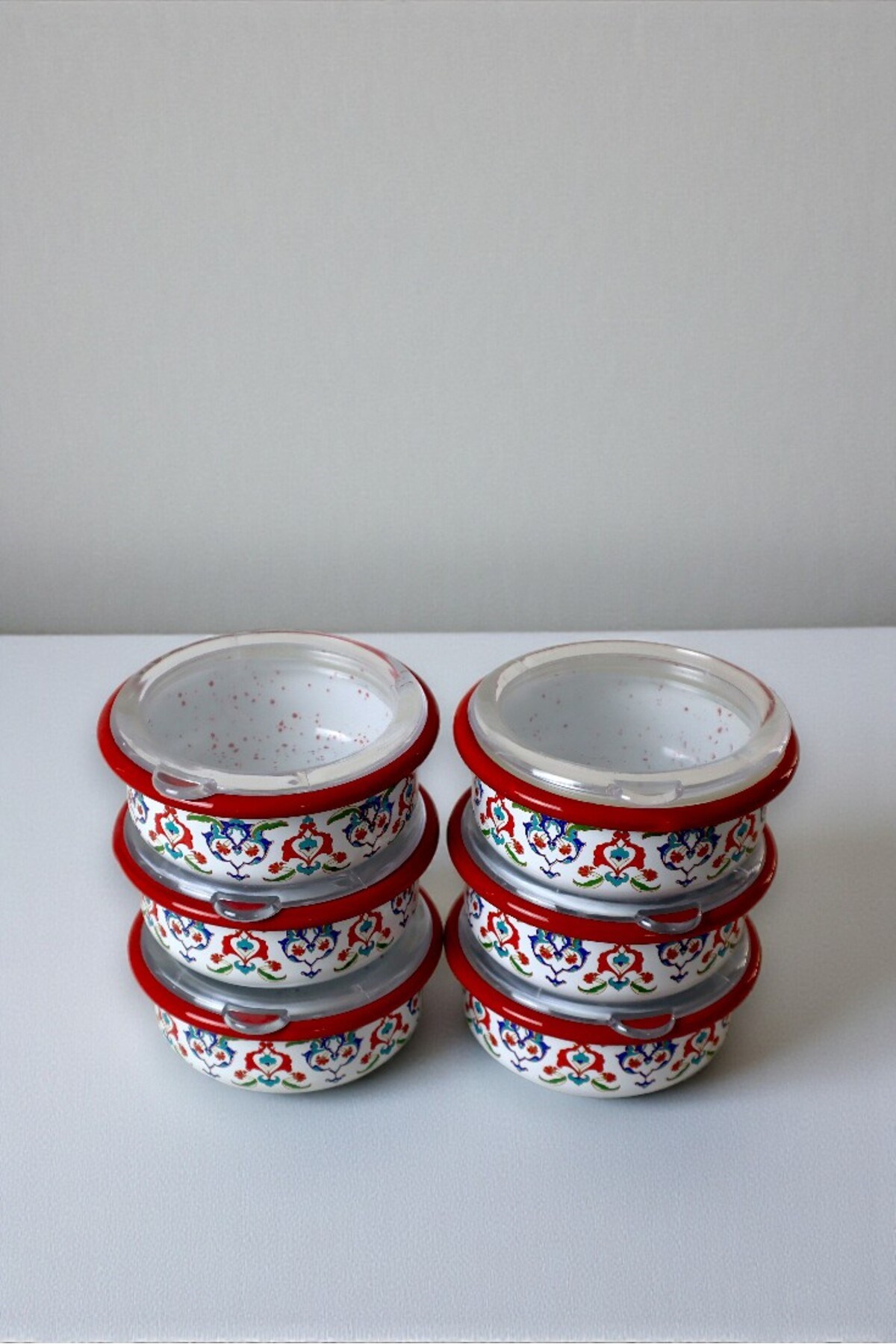 6 Parça Orta Boy,kapaklı,Desenli Emaye Kahvaltı Seti,Sunum,Kahvaltı Tabağı, Reçellik,Zeytin