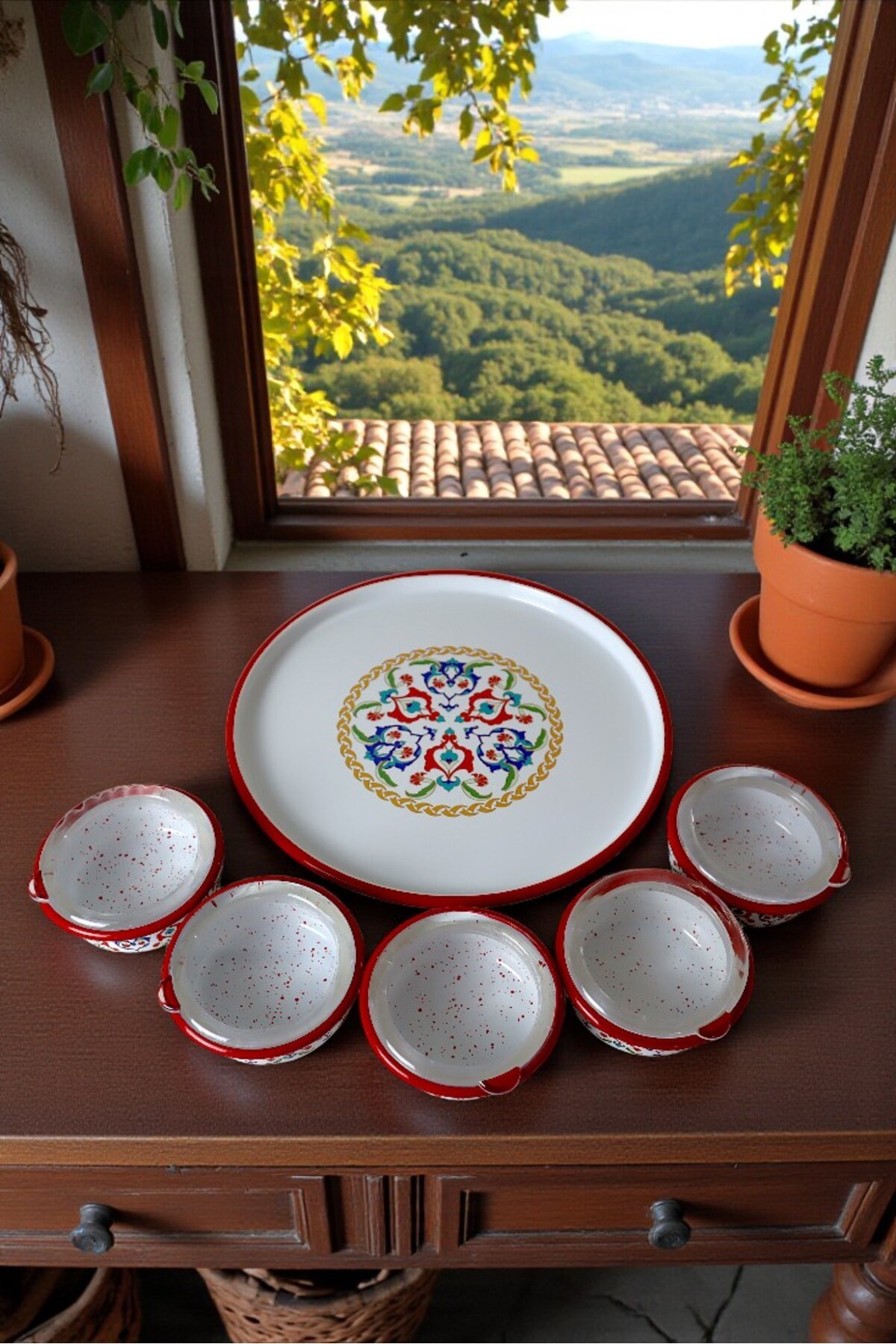 6 Parça Orta Boy,kapaklı,Desenli Emaye Kahvaltı Seti,Sunum,Kahvaltı Tabağı, Reçellik,Zeytin