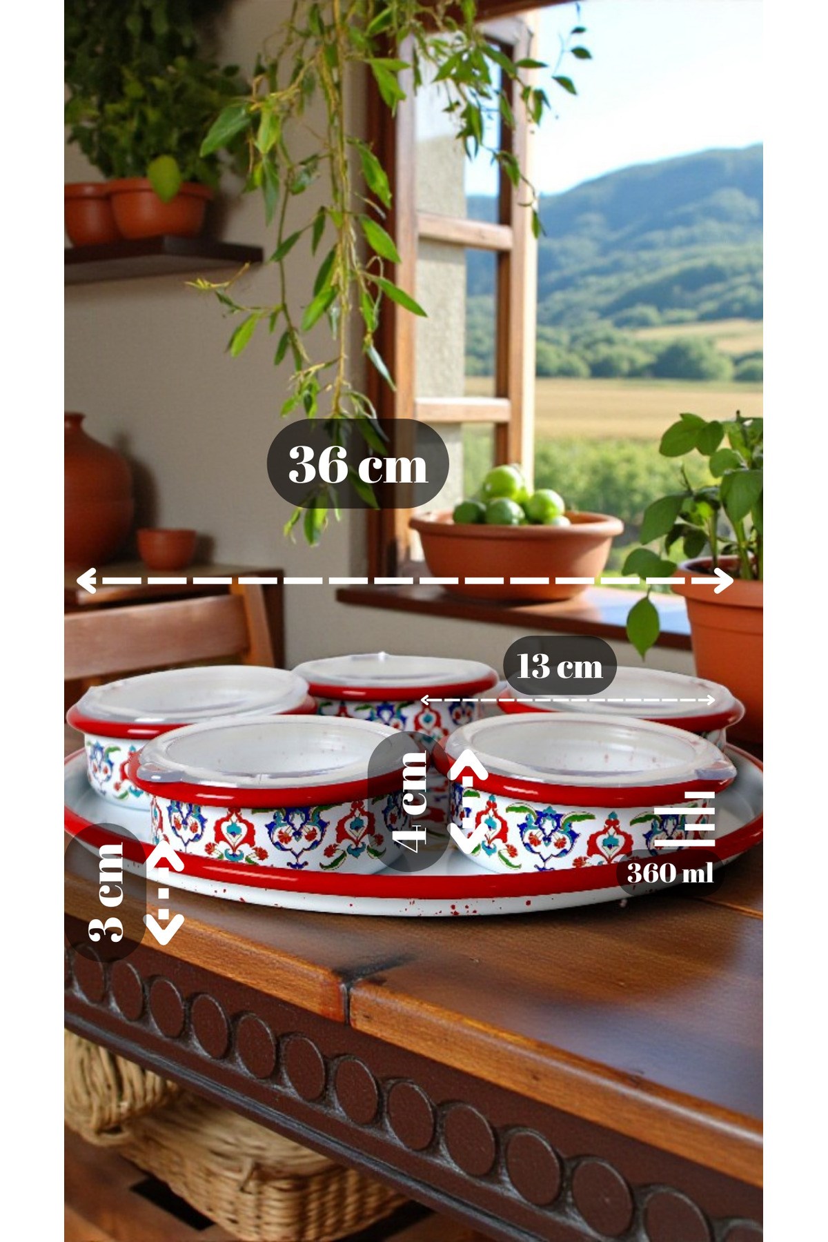 6 Parça Orta Boy,kapaklı,Desenli Emaye Kahvaltı Seti,Sunum,Kahvaltı Tabağı, Reçellik,Zeytin