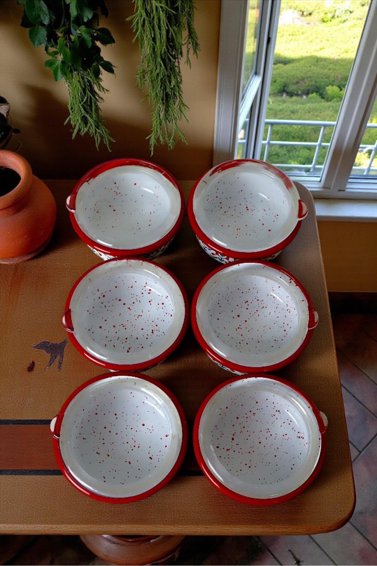 6 Parça Orta Boy,kapaklı,Desenli Emaye Kahvaltı Seti,Sunum,Kahvaltı Tabağı, Reçellik,Zeytin