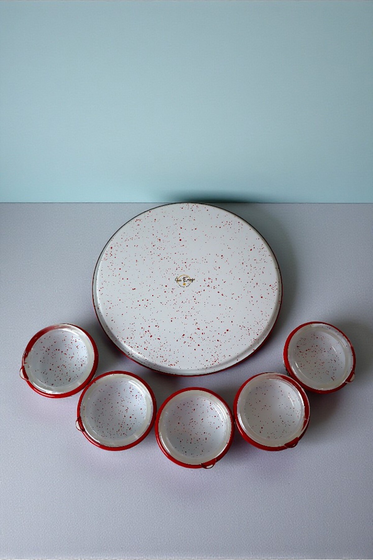 6 Parça Orta Boy,kapaklı,Desenli Emaye Kahvaltı Seti,Sunum,Kahvaltı Tabağı, Reçellik,Zeytin