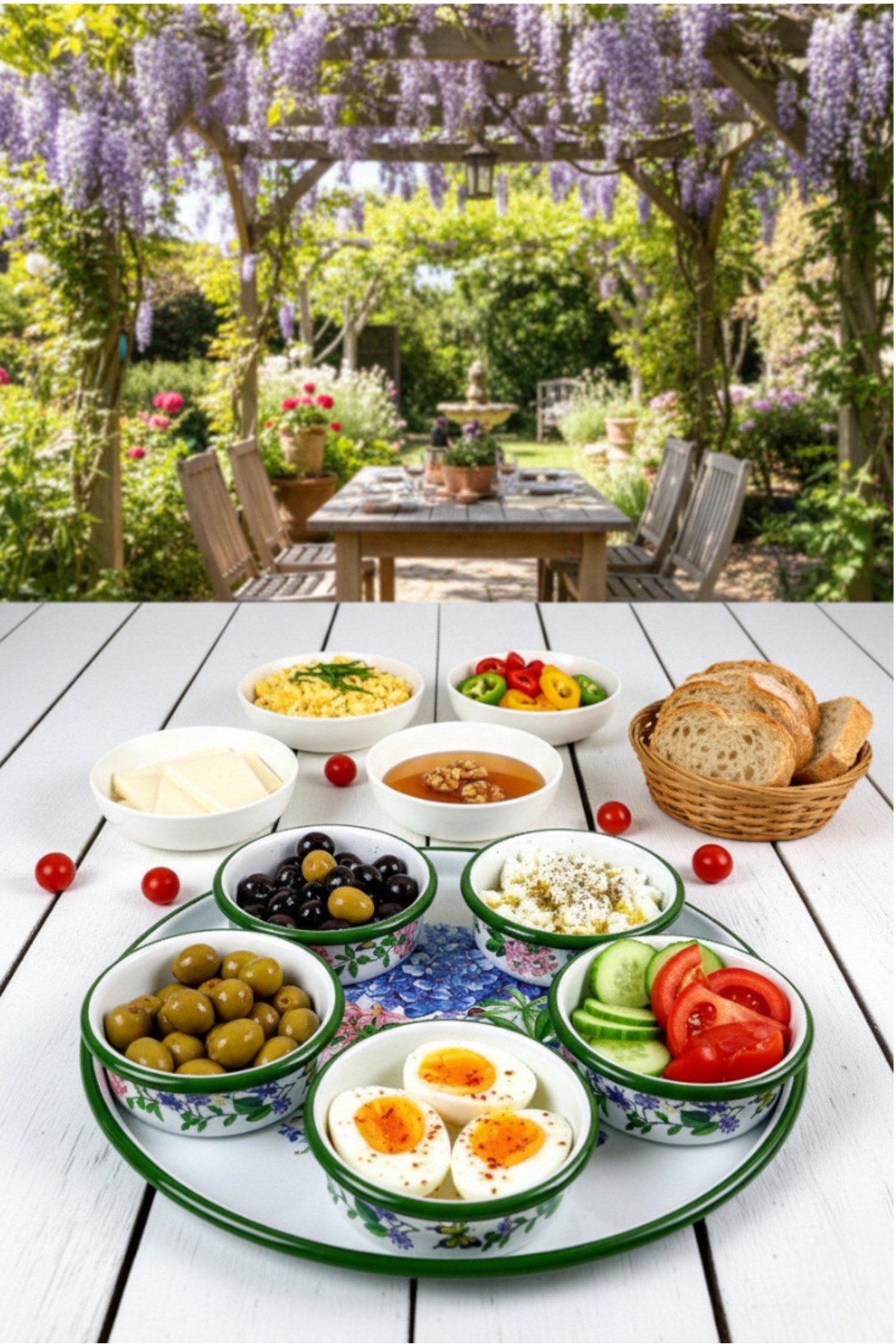 6 Parça Orta Boy,kapaklı,Desenli Emaye Kahvaltı Seti,Sunum,Kahvaltı Tabağı, Reçellik,Zeytin