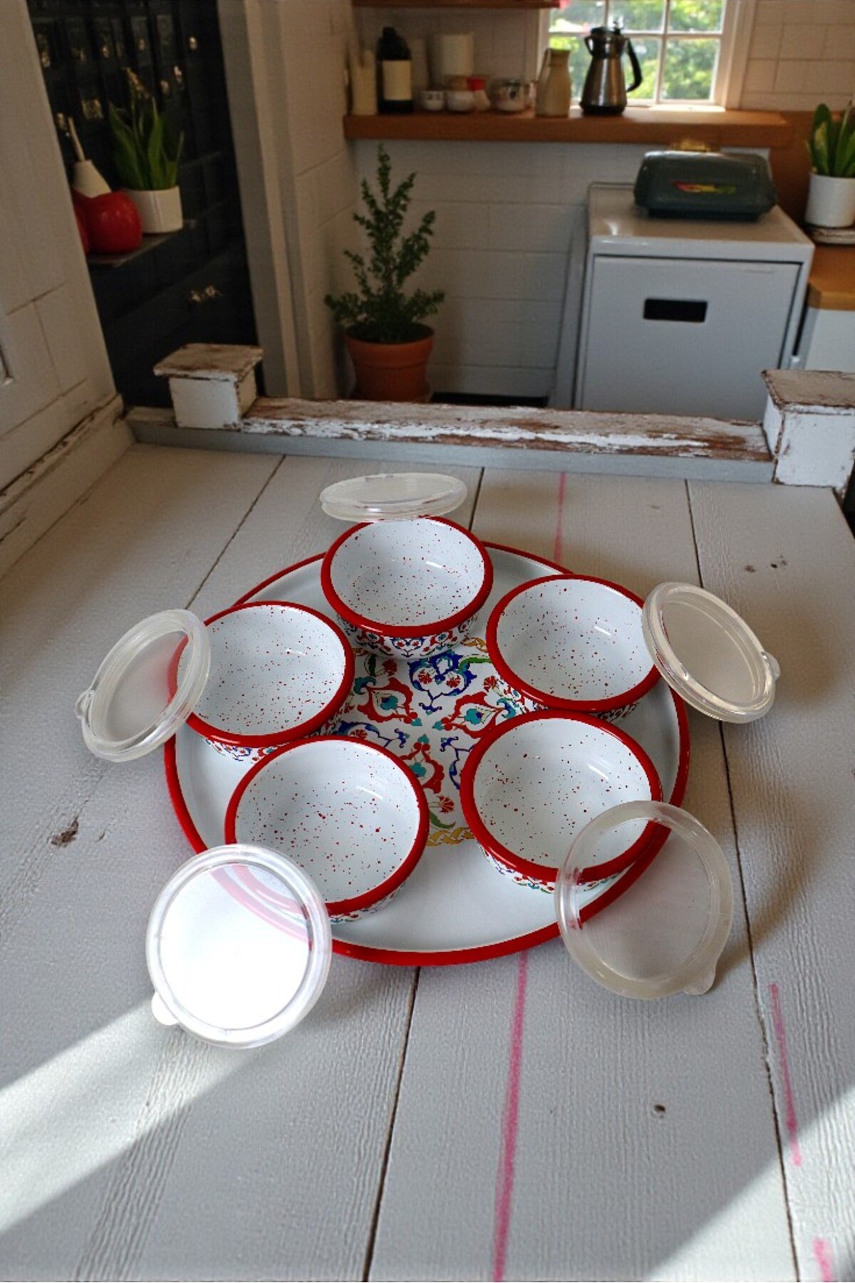 6 Parça Orta Boy,kapaklı,Desenli Emaye Kahvaltı Seti,Sunum,Kahvaltı Tabağı, Reçellik,Zeytin