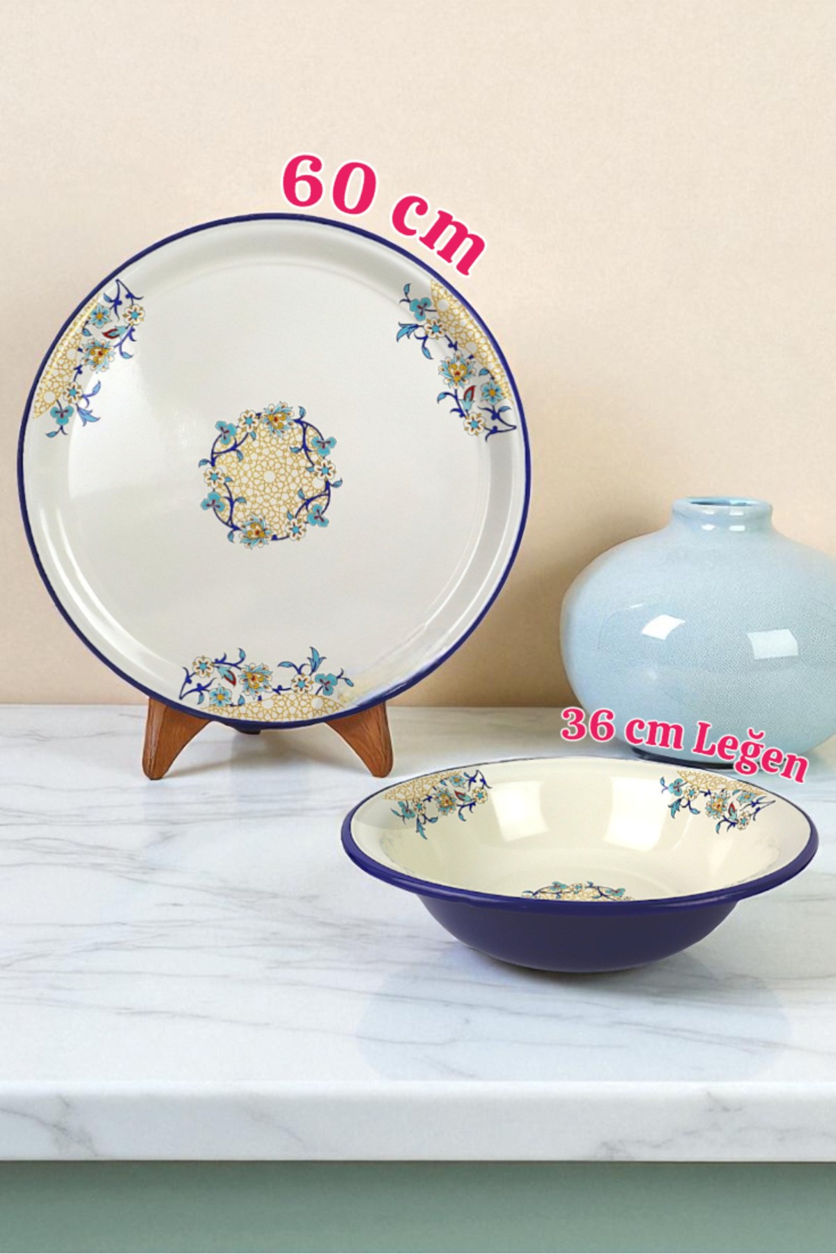 60 No Emaye Sini Sofra 36 Leğen , Yemek Sunum Tepsi, Yer Sofrası Çinko ~58 Cm