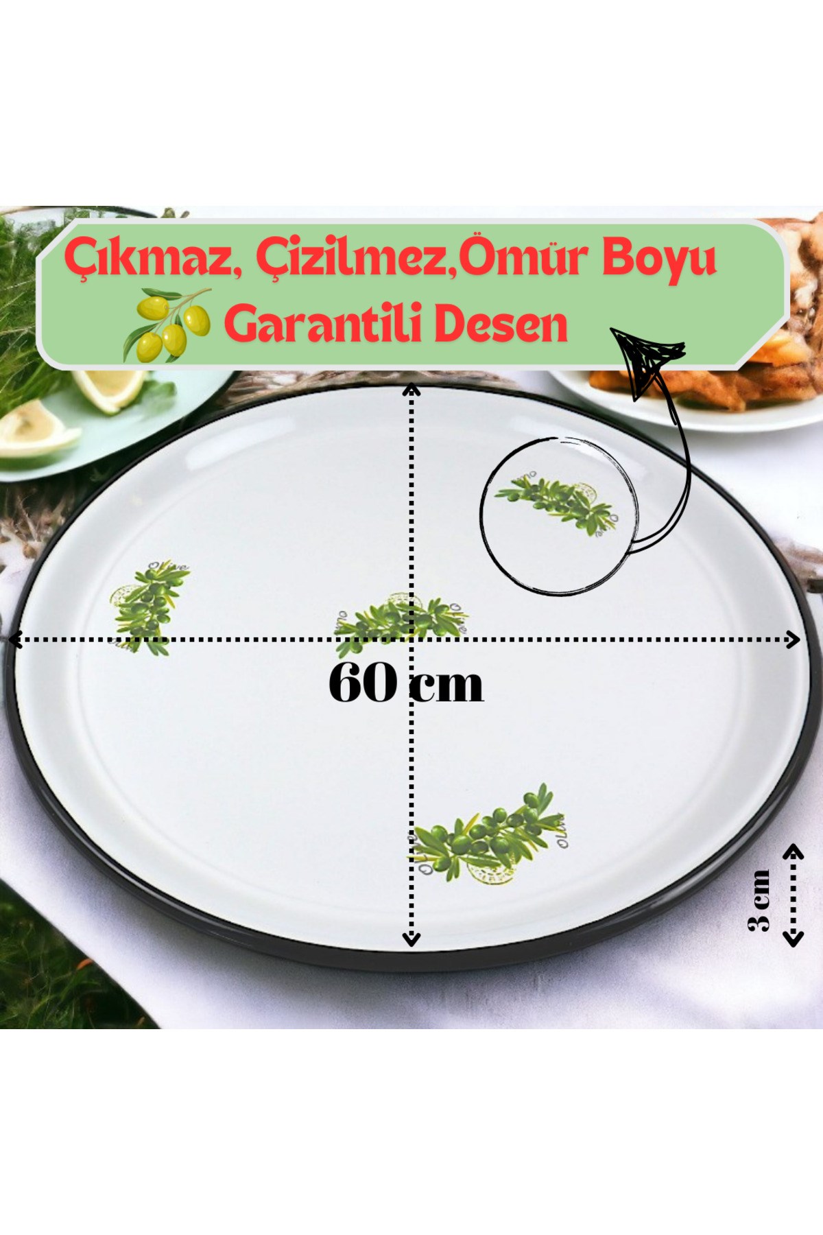 60 No Emaye Sini Sofra, Yemek Sunum Tepsi, Yer Sofrası Çinko ~58 Cm