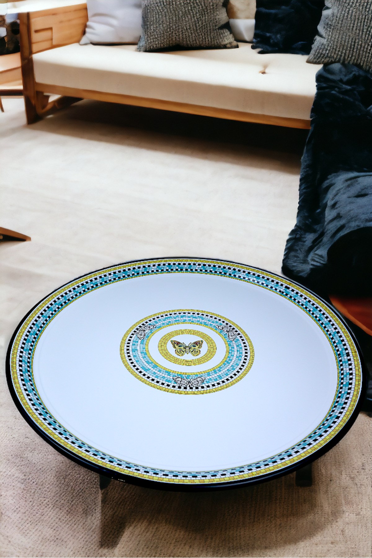 60 No Emaye Sini Sofra, Yemek Sunum Tepsi, Yer Sofrası Çinko ~58 Cm