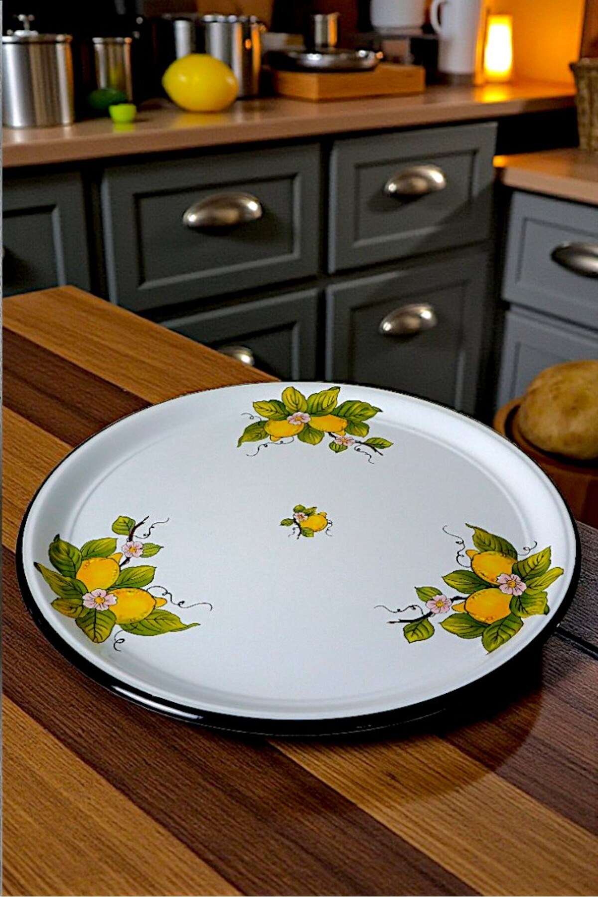 60 No Emaye Sini Sofra, Yemek Sunum Tepsi, Yer Sofrası Çinko ~58 Cm