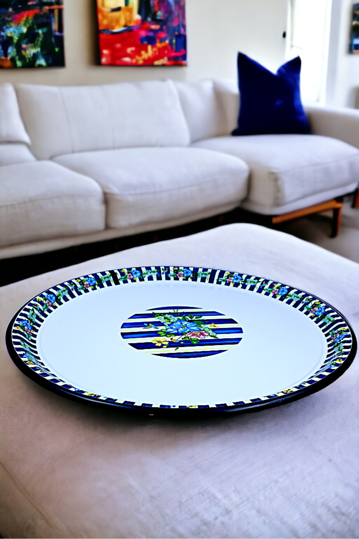 60 No Emaye Sini Sofra, Yemek Sunum Tepsi, Yer Sofrası Çinko ~58 Cm