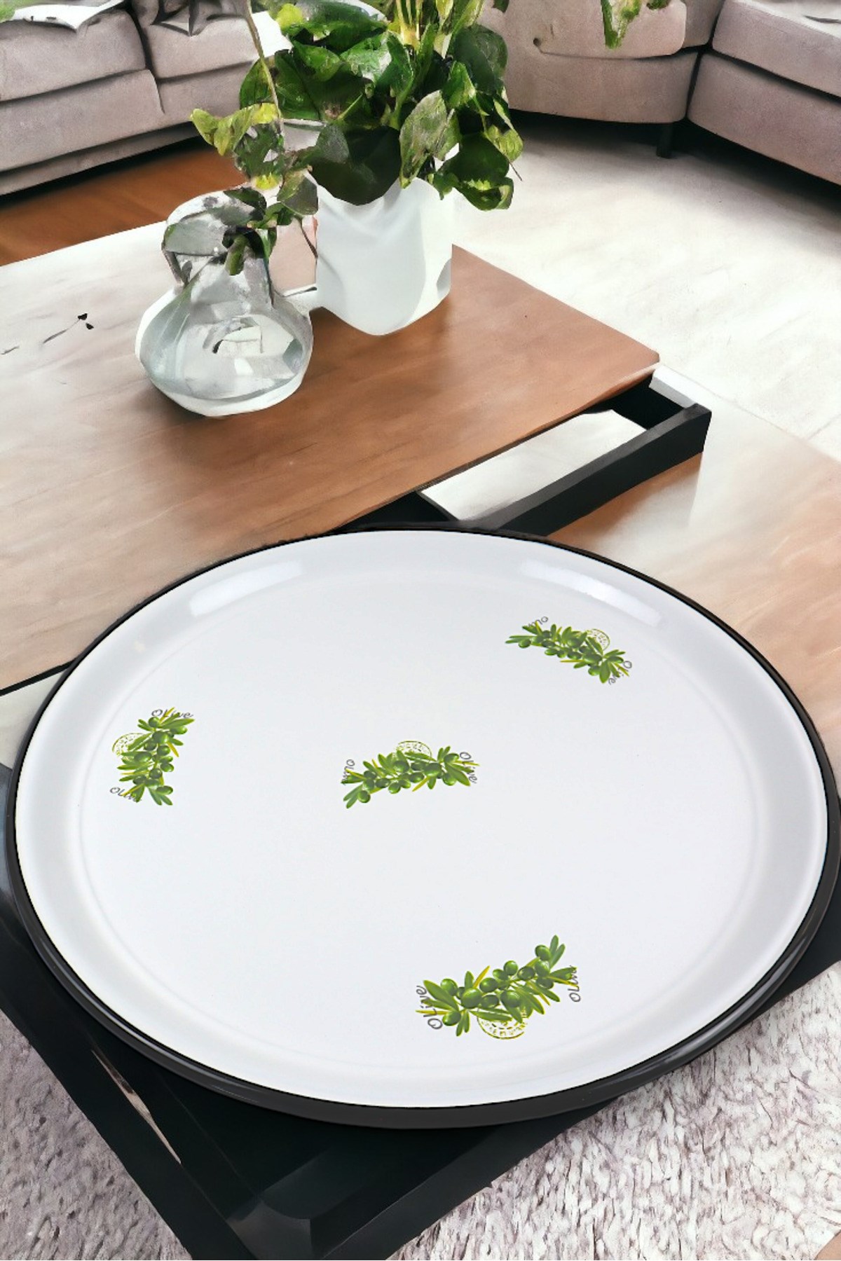 60 No Emaye Sini Sofra, Yemek Sunum Tepsi, Yer Sofrası Çinko ~58 Cm