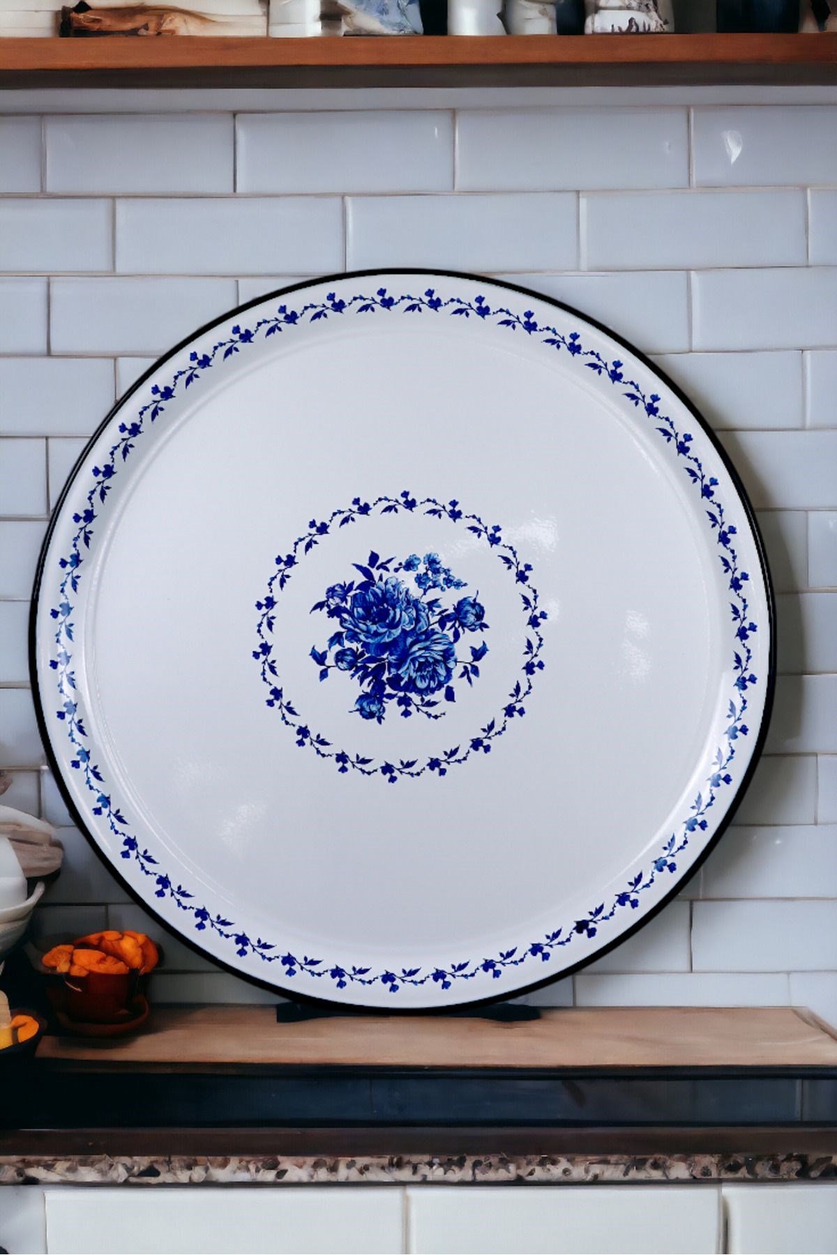 60 No Emaye Sini Sofra, Yemek Sunum Tepsi, Yer Sofrası Çinko ~58 Cm