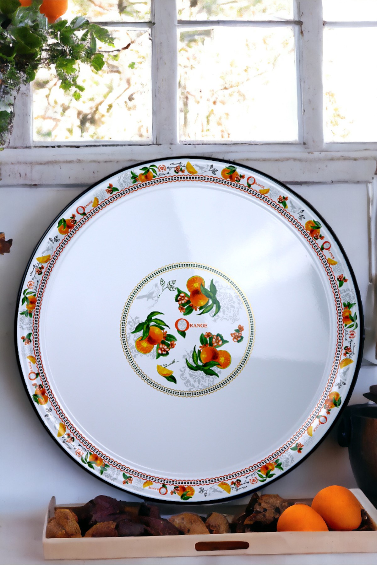 60 No Emaye Sini Sofra, Yemek Sunum Tepsi, Yer Sofrası Çinko ~58 Cm