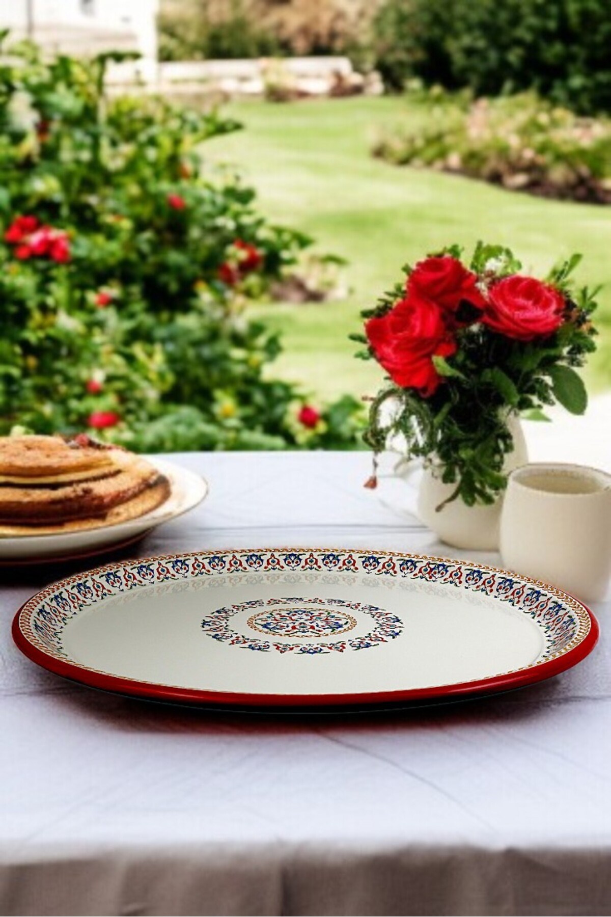 60 No Emaye Sini Sofra, Yemek Sunum Tepsi, Yer Sofrası Çinko ~58 Cm