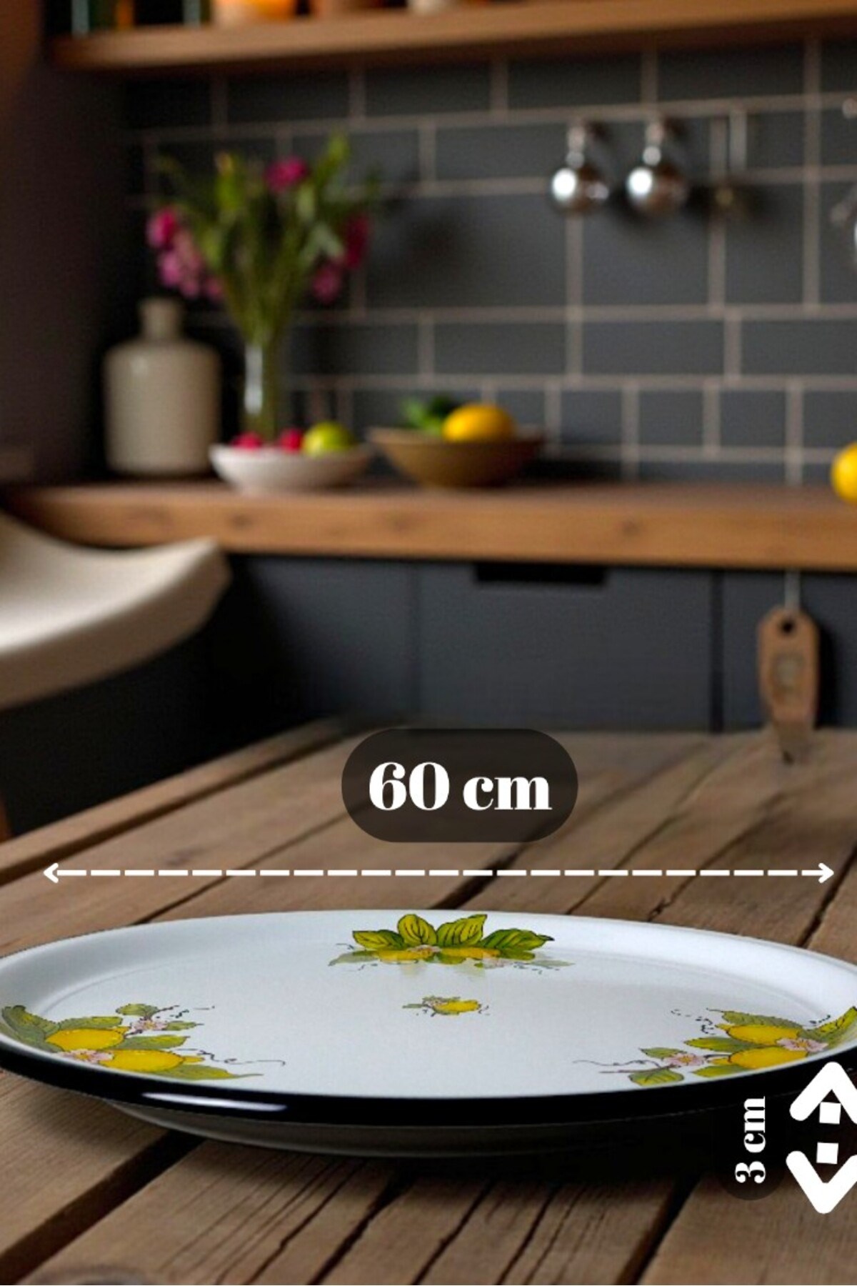 60 No Emaye Sini Sofra, Yemek Sunum Tepsi, Yer Sofrası Çinko ~58 Cm