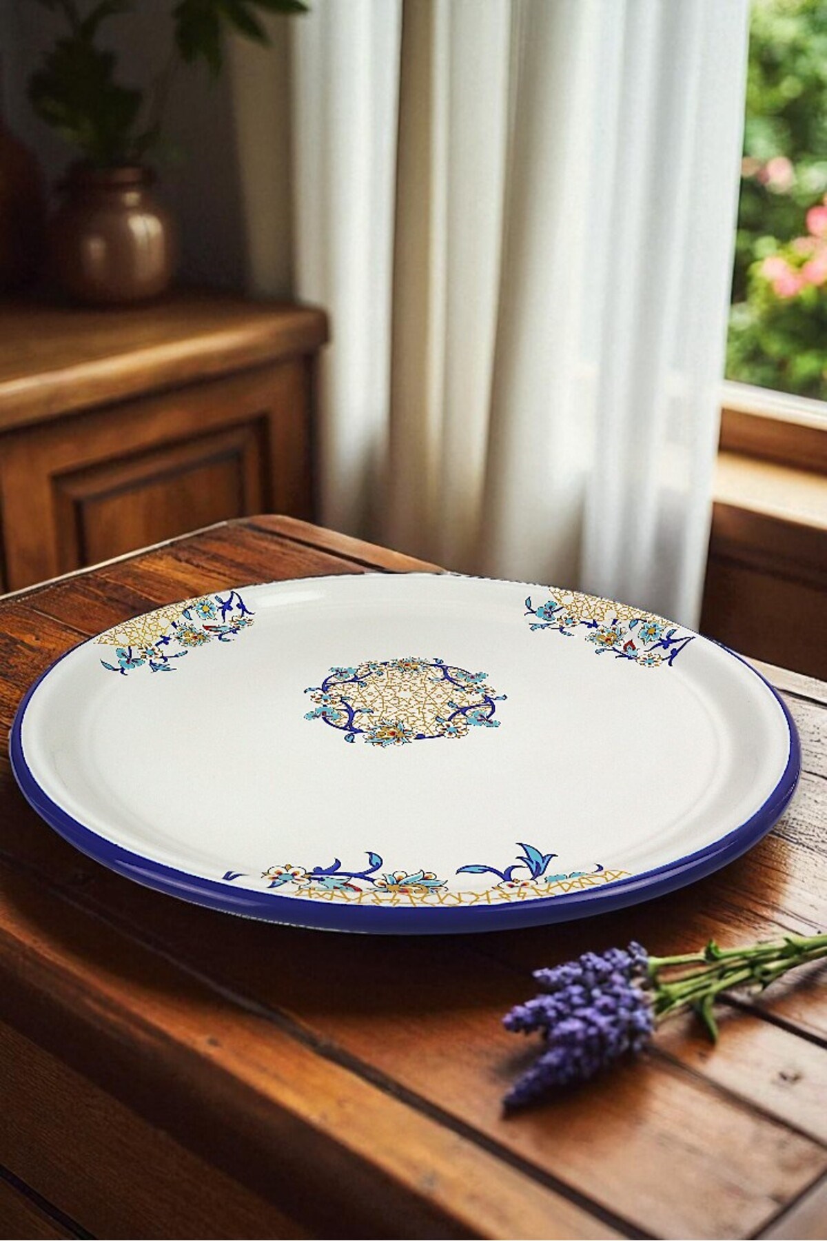 60 No Emaye Sini Sofra, Yemek Sunum Tepsi, Yer Sofrası Çinko ~58 Cm
