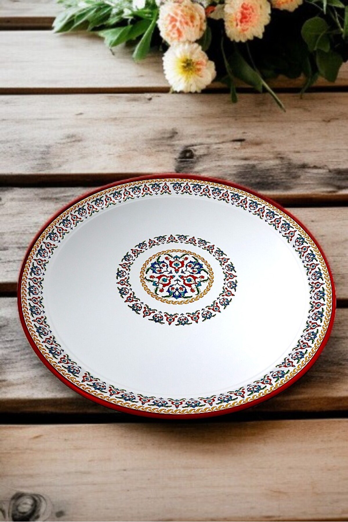 60 No kırmızı kenar Emaye Sini Sofra, Yemek Sunum Tepsi, Yer Sofrası Çinko ~58 Cm 1mm KALIN ÜRÜN