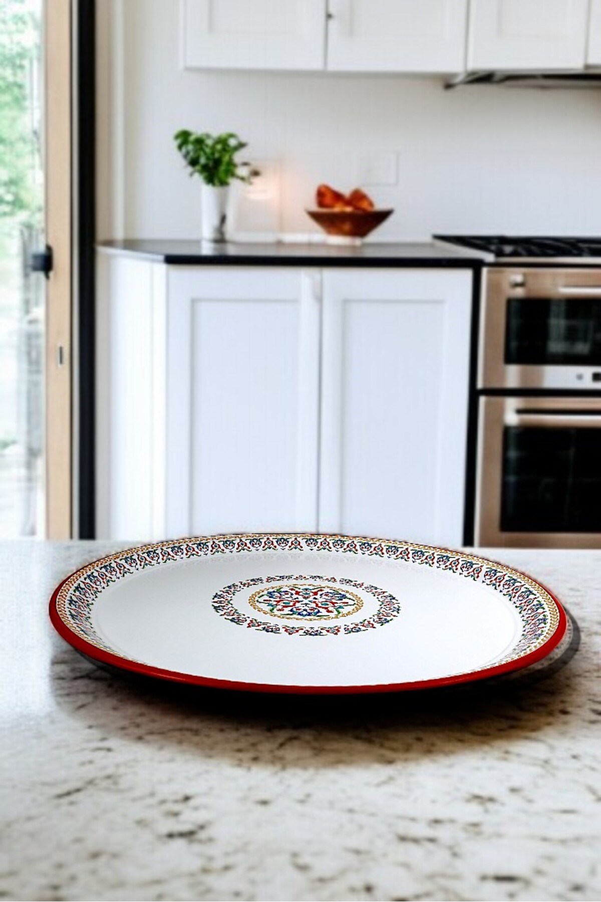 60 No kırmızı kenar Emaye Sini Sofra, Yemek Sunum Tepsi, Yer Sofrası Çinko ~58 Cm 1mm KALIN ÜRÜN