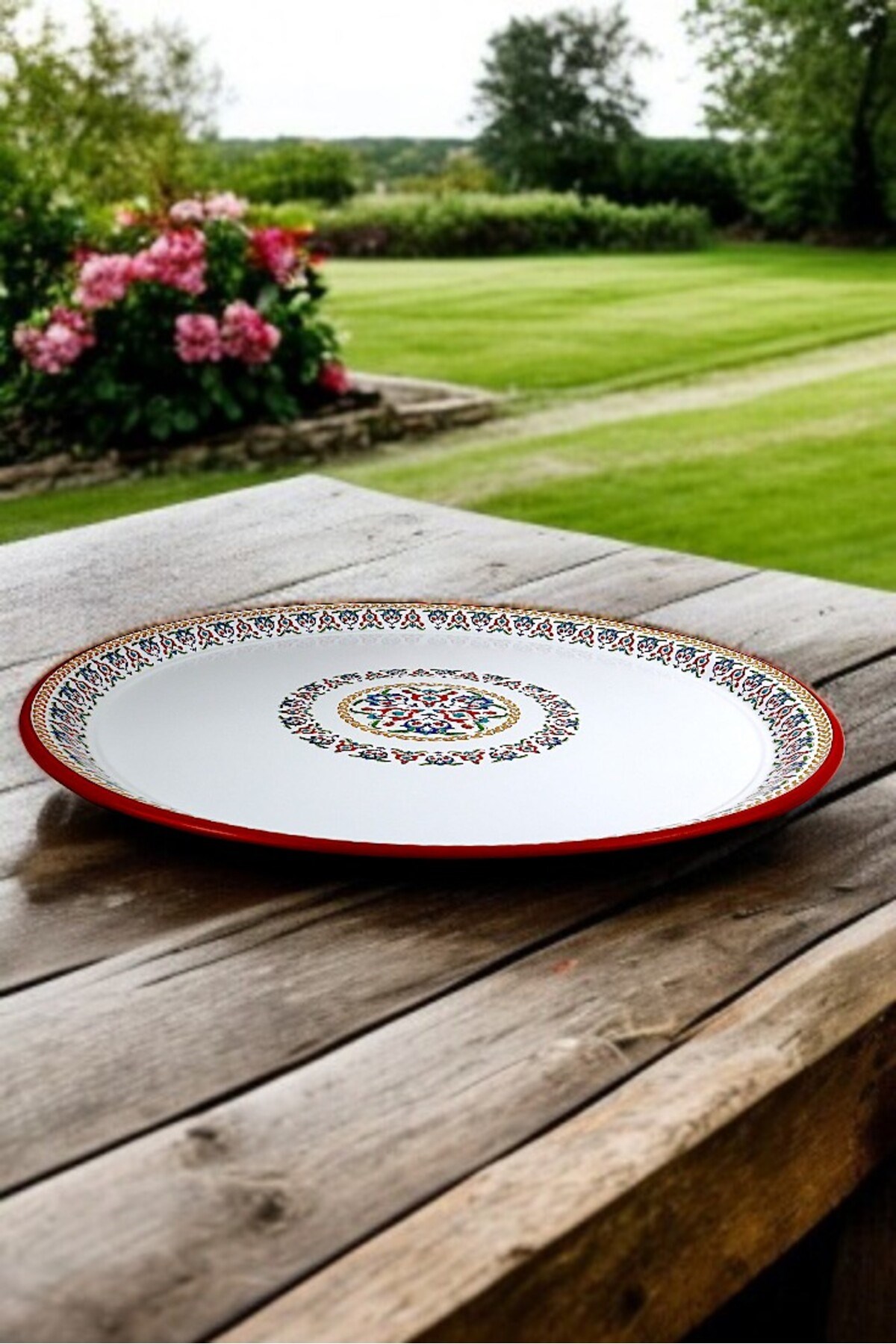 60 No kırmızı kenar Emaye Sini Sofra, Yemek Sunum Tepsi, Yer Sofrası Çinko ~58 Cm 1mm KALIN ÜRÜN