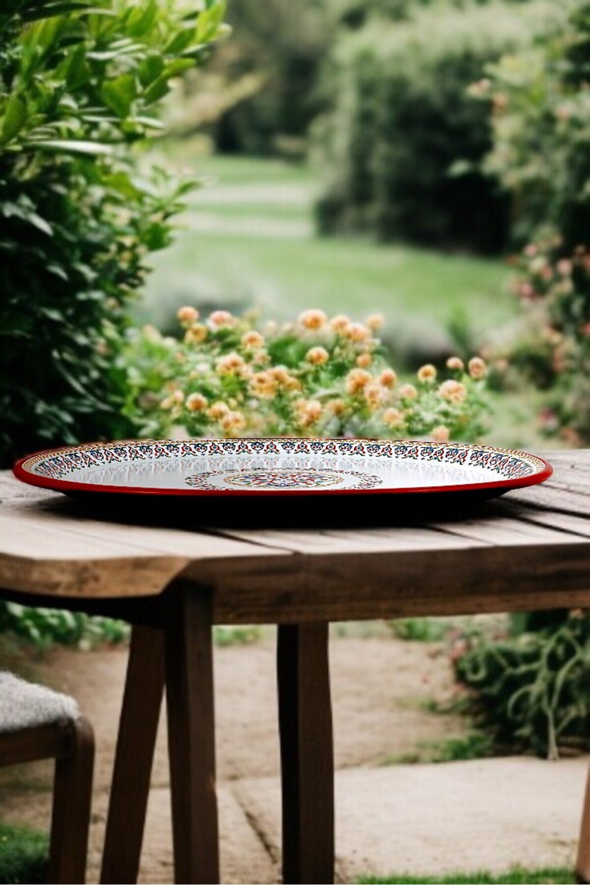 60 No kırmızı kenar Emaye Sini Sofra, Yemek Sunum Tepsi, Yer Sofrası Çinko ~58 Cm 1mm KALIN ÜRÜN