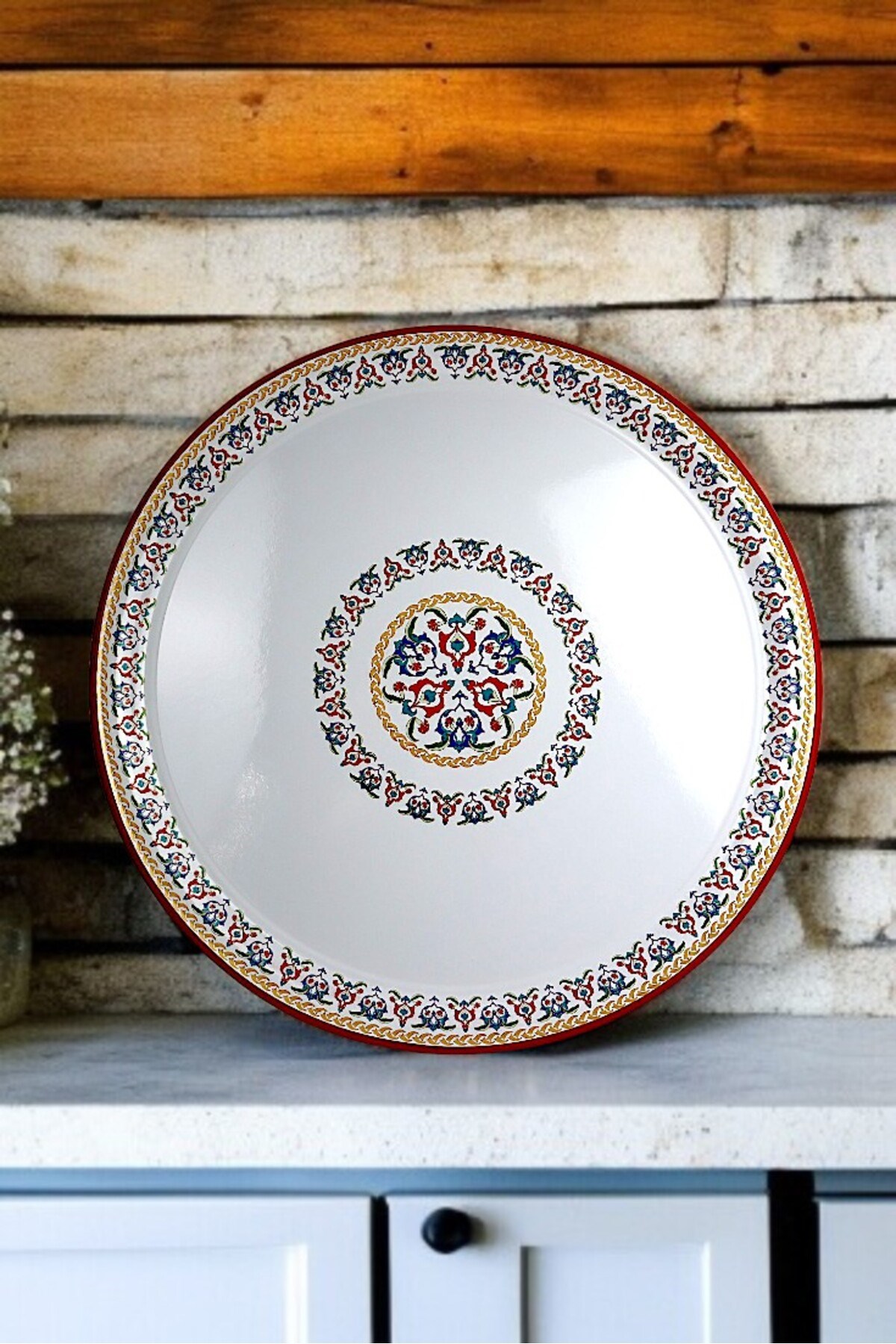 60 No kırmızı kenar Emaye Sini Sofra, Yemek Sunum Tepsi, Yer Sofrası Çinko ~58 Cm 1mm KALIN ÜRÜN