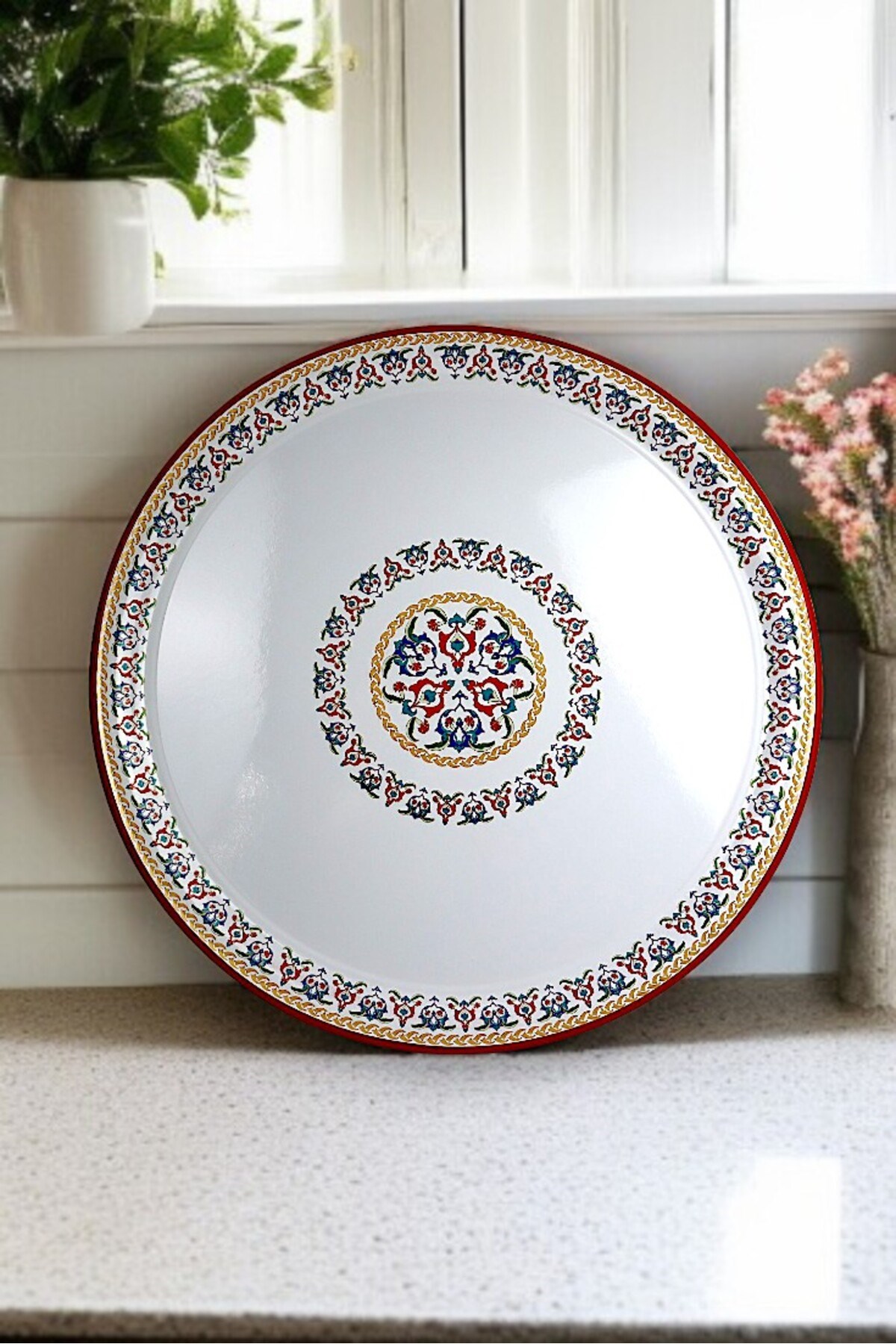 60 No kırmızı kenar Emaye Sini Sofra, Yemek Sunum Tepsi, Yer Sofrası Çinko ~58 Cm 1mm KALIN ÜRÜN