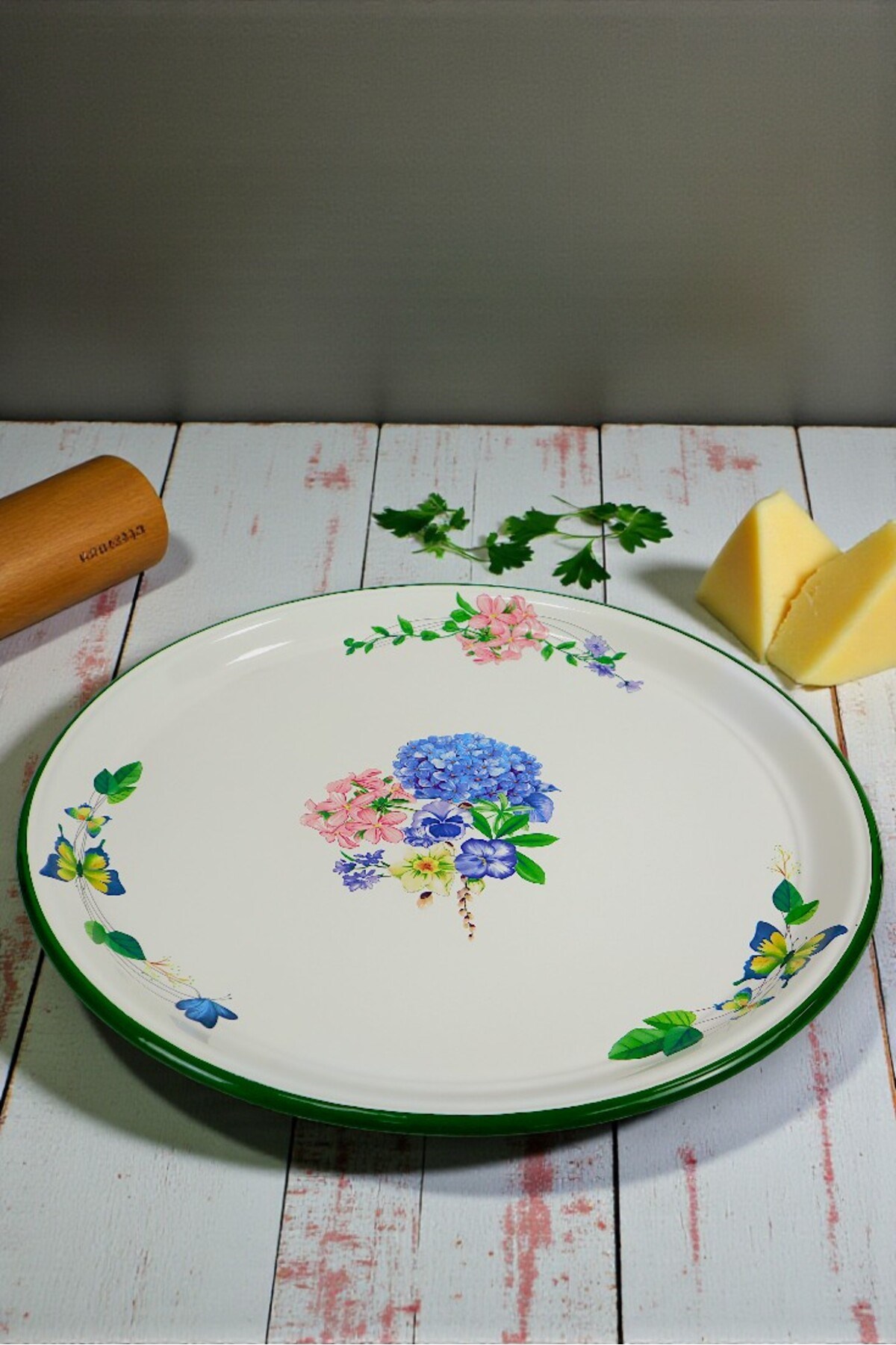 60 No Krem Emaye Sini Sofra, Yemek Sunum Tepsi, Yer Sofrası Çinko ~58 Cm