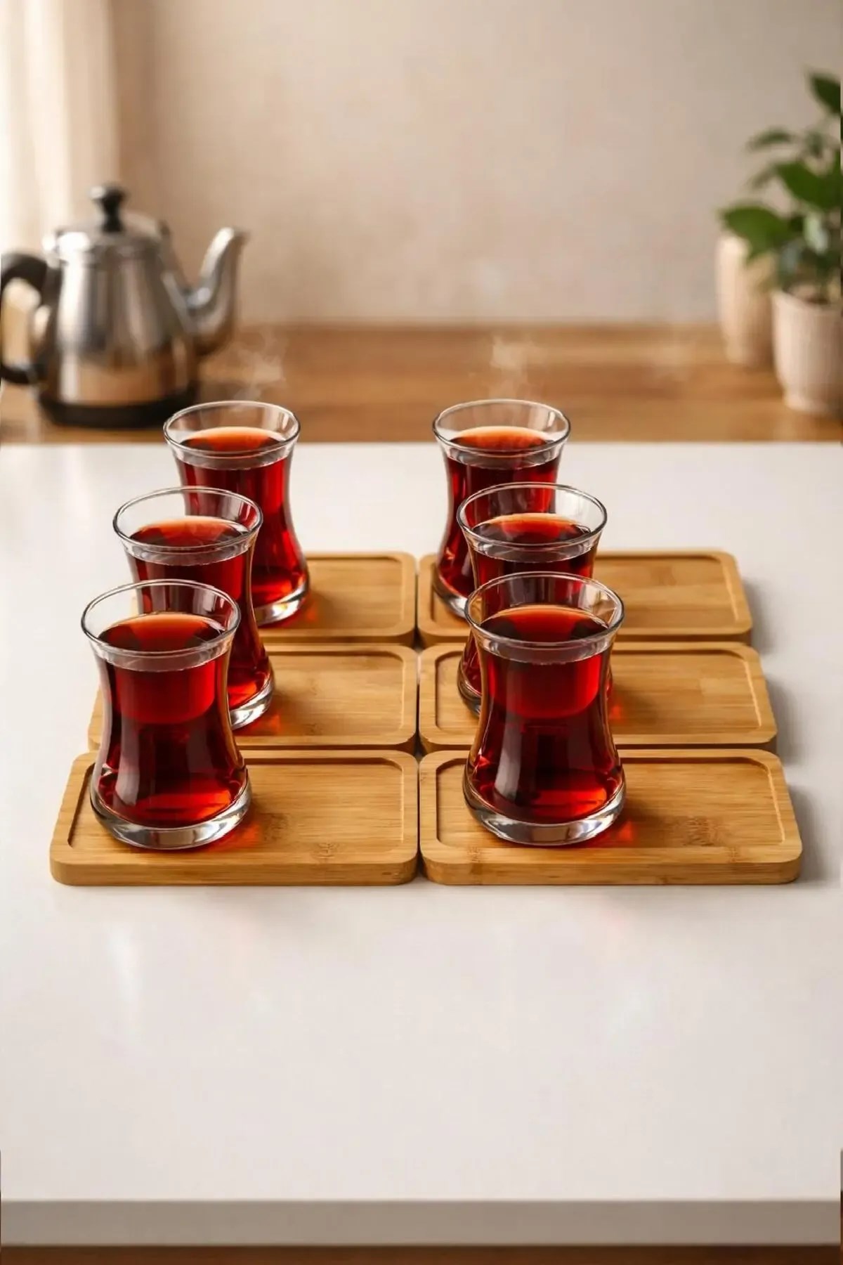 6'lı Cam Çay Bardağı ve Bambu Bardak Altlığı Seti – Çay Servis Seti
