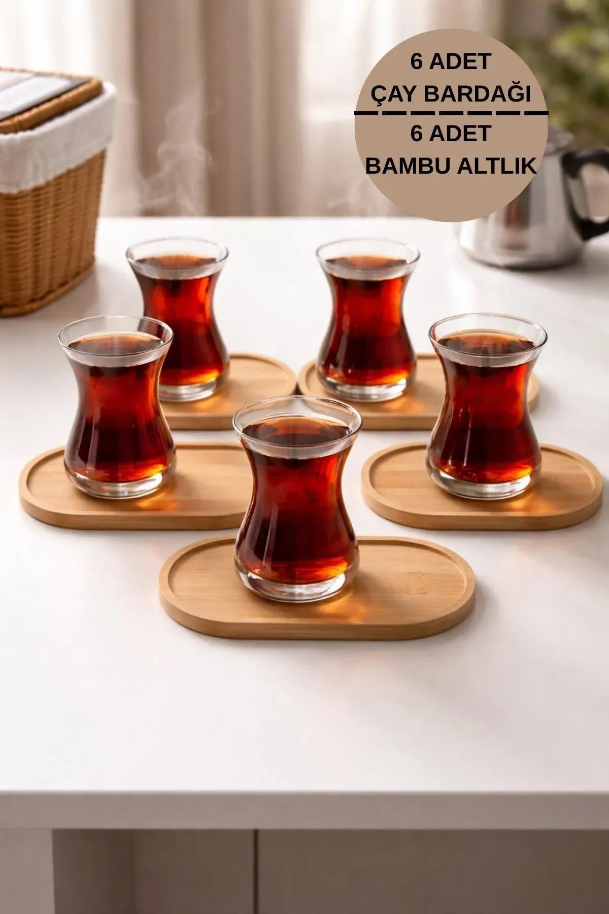 6'lı Cam İnce Belli Çay Bardağı ve Bambu Altlık Seti